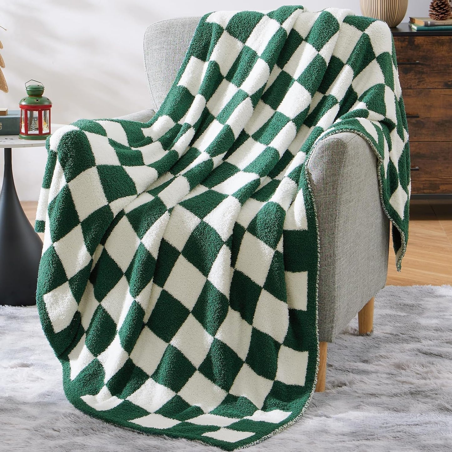 WRENSONGE Checkered Throw Blanket, Sage Green Soft Cozy Fluffy Hand Made Throw Blankets for Couch, Sofa, Chair, Bed, Camping, Picnic, Travel Lightweight Bed Blankets for Women Mothers Birthday Gifts