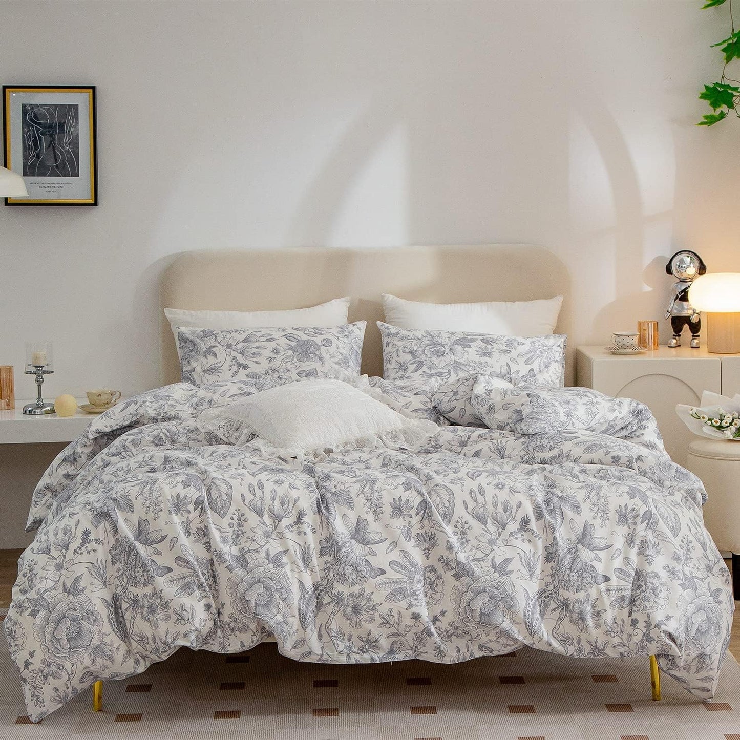 Jane yre Duvet Cover Queen Floral, Brushed Microfiber 3 Pieces Bedding Set, Garden Style Vintage Floral Queen Duvet Cover Flower, with Zipper Closure, Luxury Soft Breathable Comfy