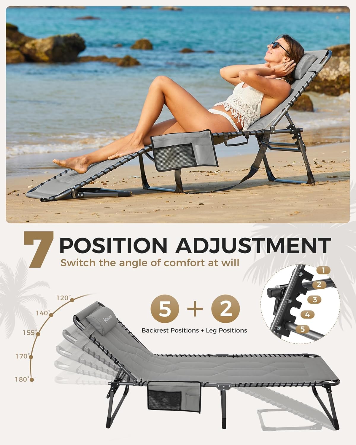 KingCamp Oversized Tanning Chair, Extra-Wide Padded Folding Chase Lounge Chairs Portable Adjustable 5-Position 400lbs Heavy Duty Lounger with Double-Layer Oxford for Outdoor Beach Patio Sun Pool