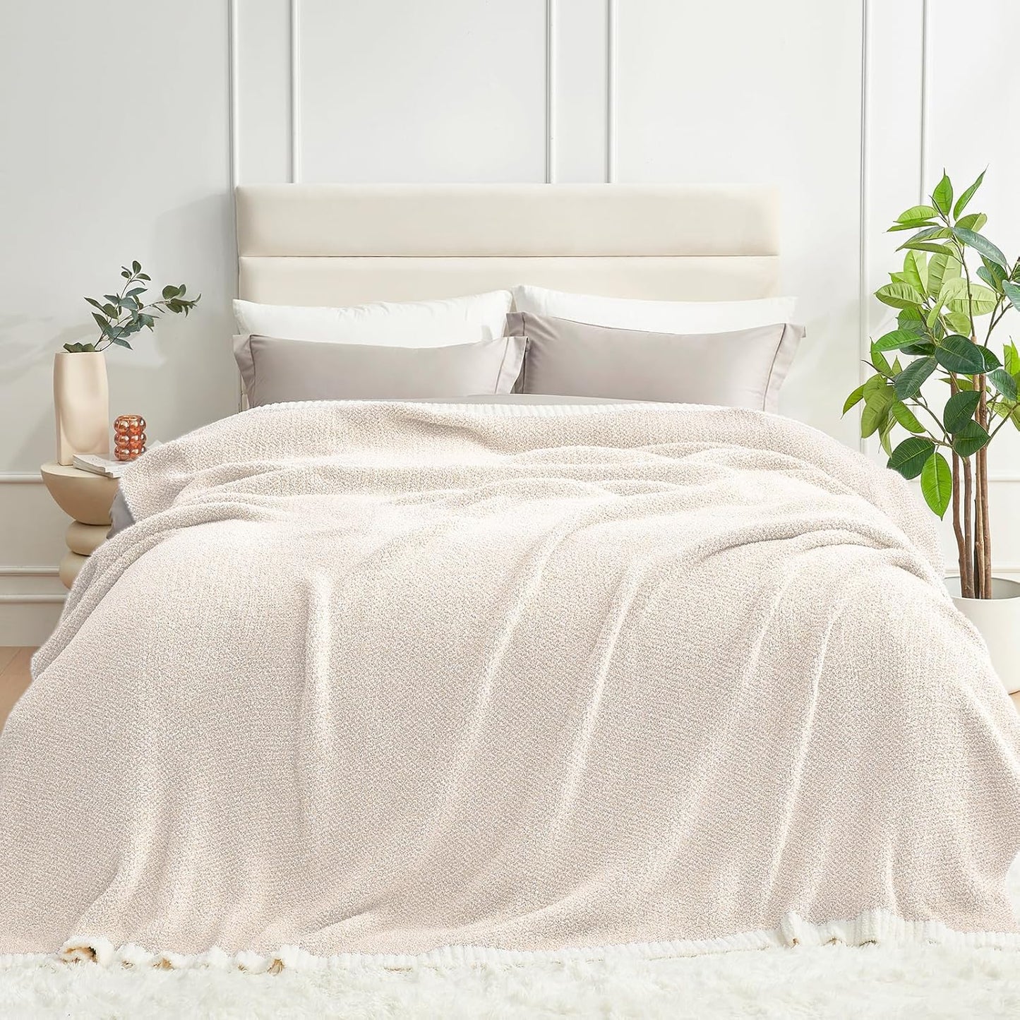 Snuggle Sac Buttery Ivory Throw Blanket for Couch, Reversible Super Soft Knitted Blankets, Warm Cozy Knit Fuzzy Plush Lightweight Throws Dupes for Sofa, Bed, Picnic, Ivory, 50 x 60 inches