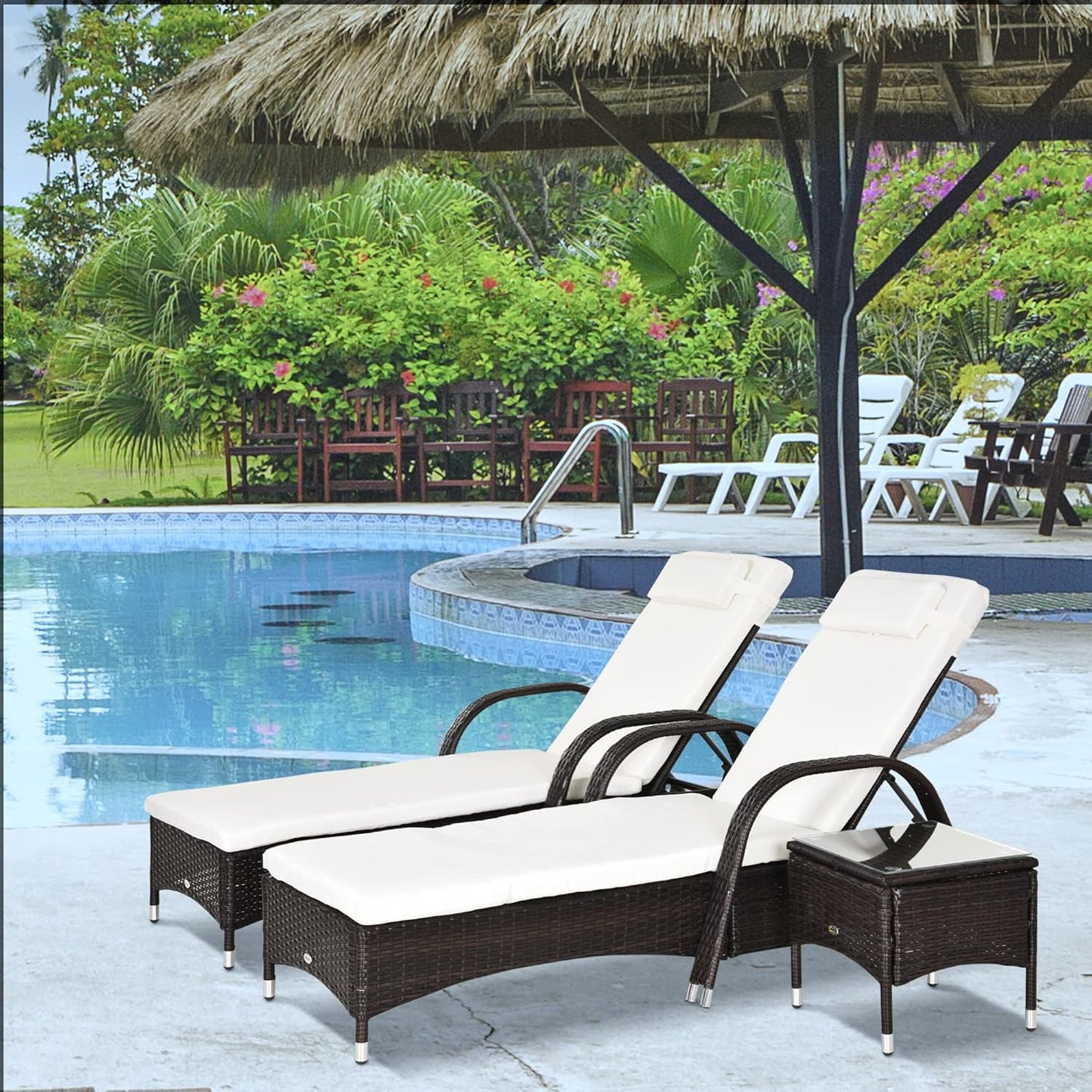 Outsunny Wicker Outdoor Chaise Lounge Chair Set of 3 with Side Table, 5-Level Adjustable Backrest PE Rattan Pool Lounge Chair with Wheels, Cushion & Headrest, Brown and Cream White