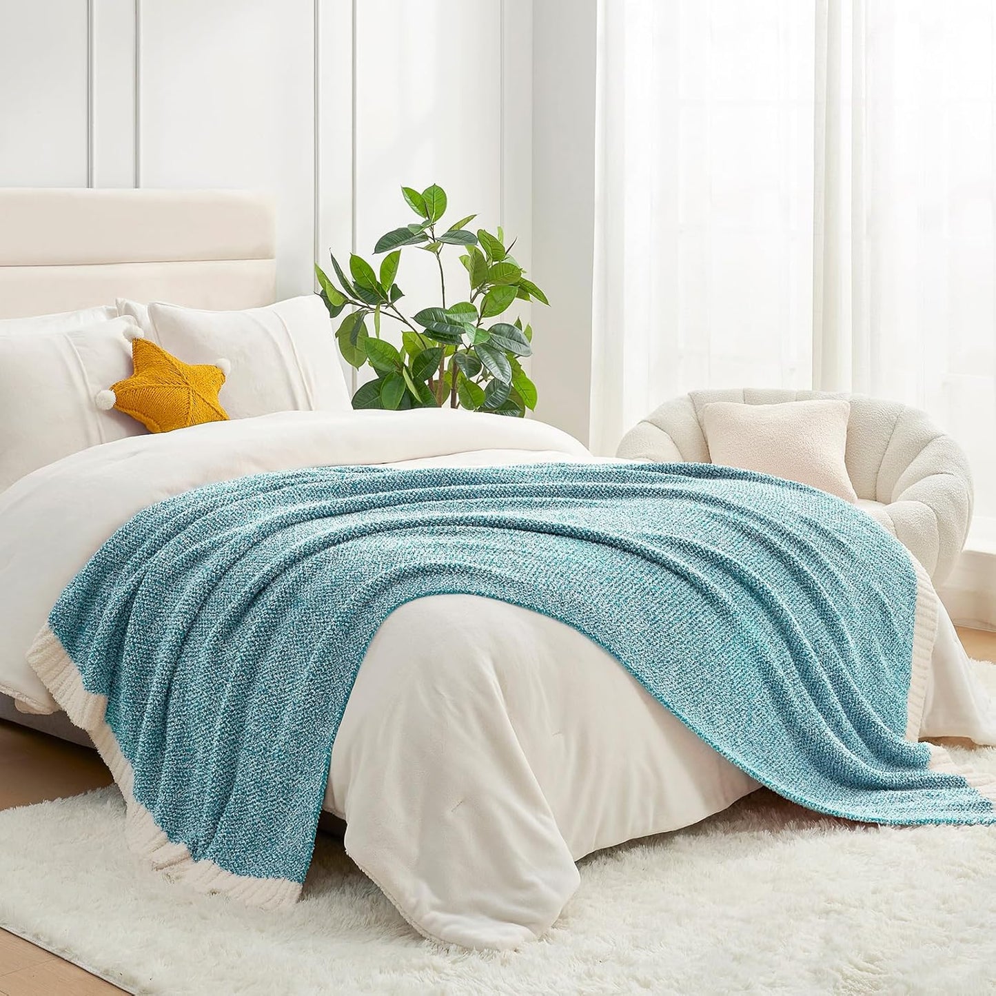 Snuggle Sac Buttery Ivory Throw Blanket for Couch, Reversible Super Soft Knitted Blankets, Warm Cozy Knit Fuzzy Plush Lightweight Throws Dupes for Sofa, Bed, Picnic, Ivory, 50 x 60 inches