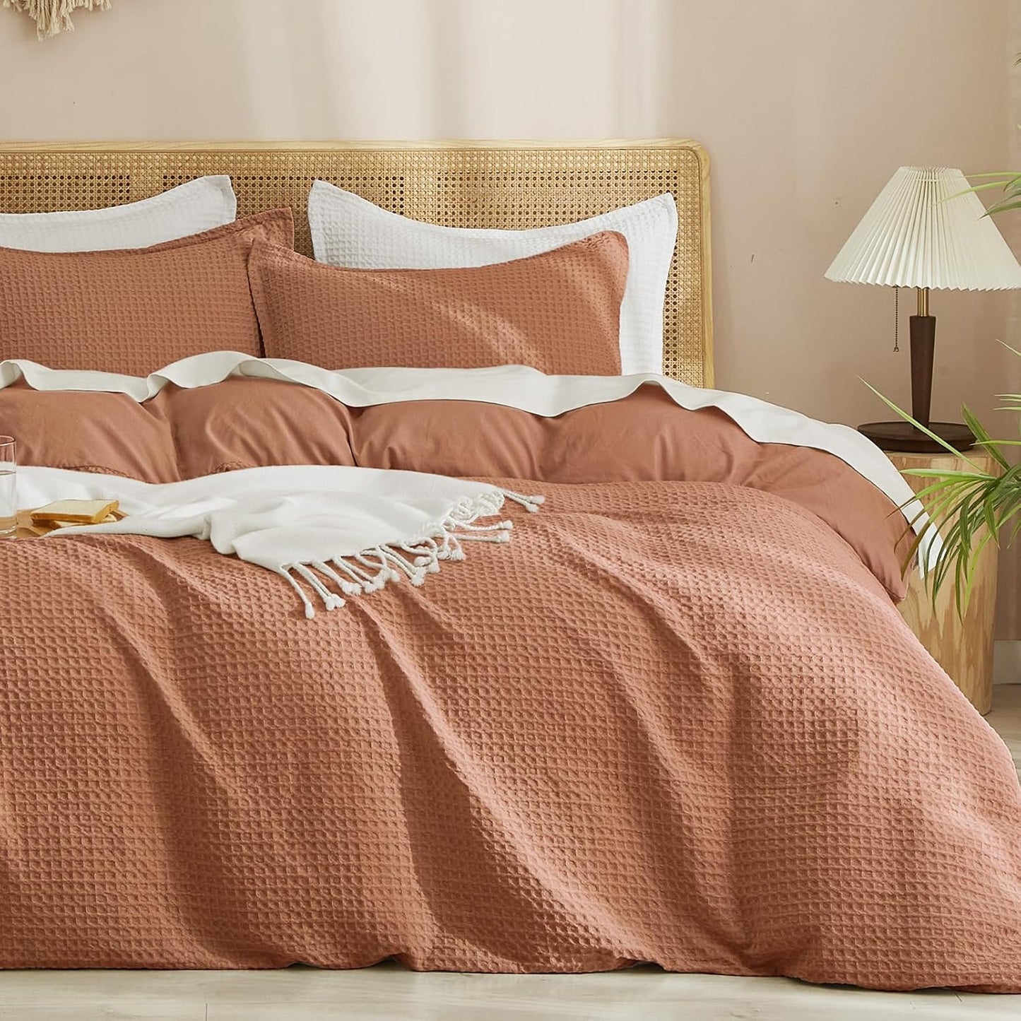 PHF Waffle Weave Duvet Cover Set Queen Size, No Snagging Ultra Soft Luxury Textured Breathable Comforter Cover for All Season 3pcs, Durable Bedding Duvet Set with 2 Pillow Shams, 90"x90", Linen