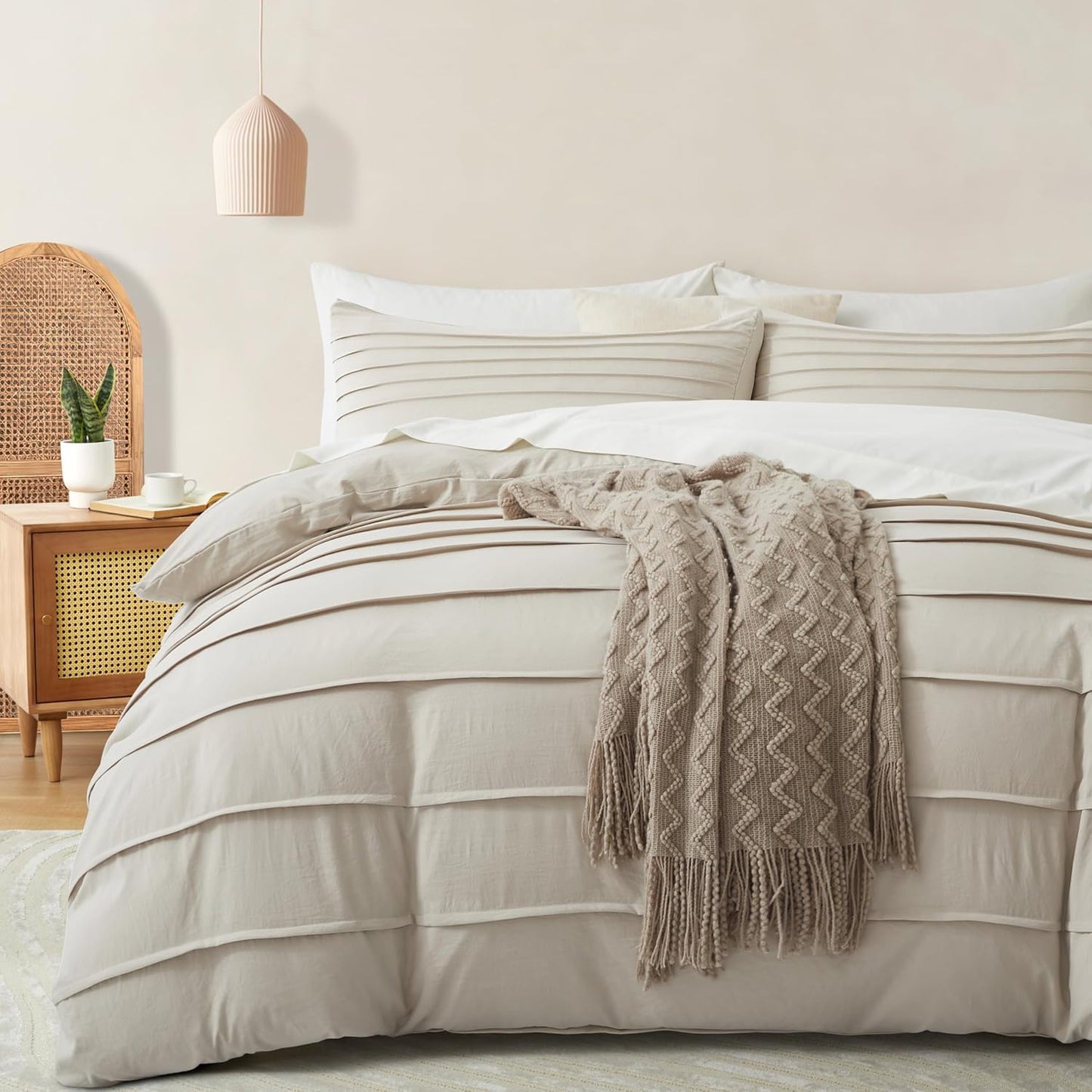 Oli Anderson Beige Duvet Cover King Size - Pleated King Duvet Cover, 3PCS Soft and Breathable Textured Bedding Set with Zipper Closure(Beige,104"x90")