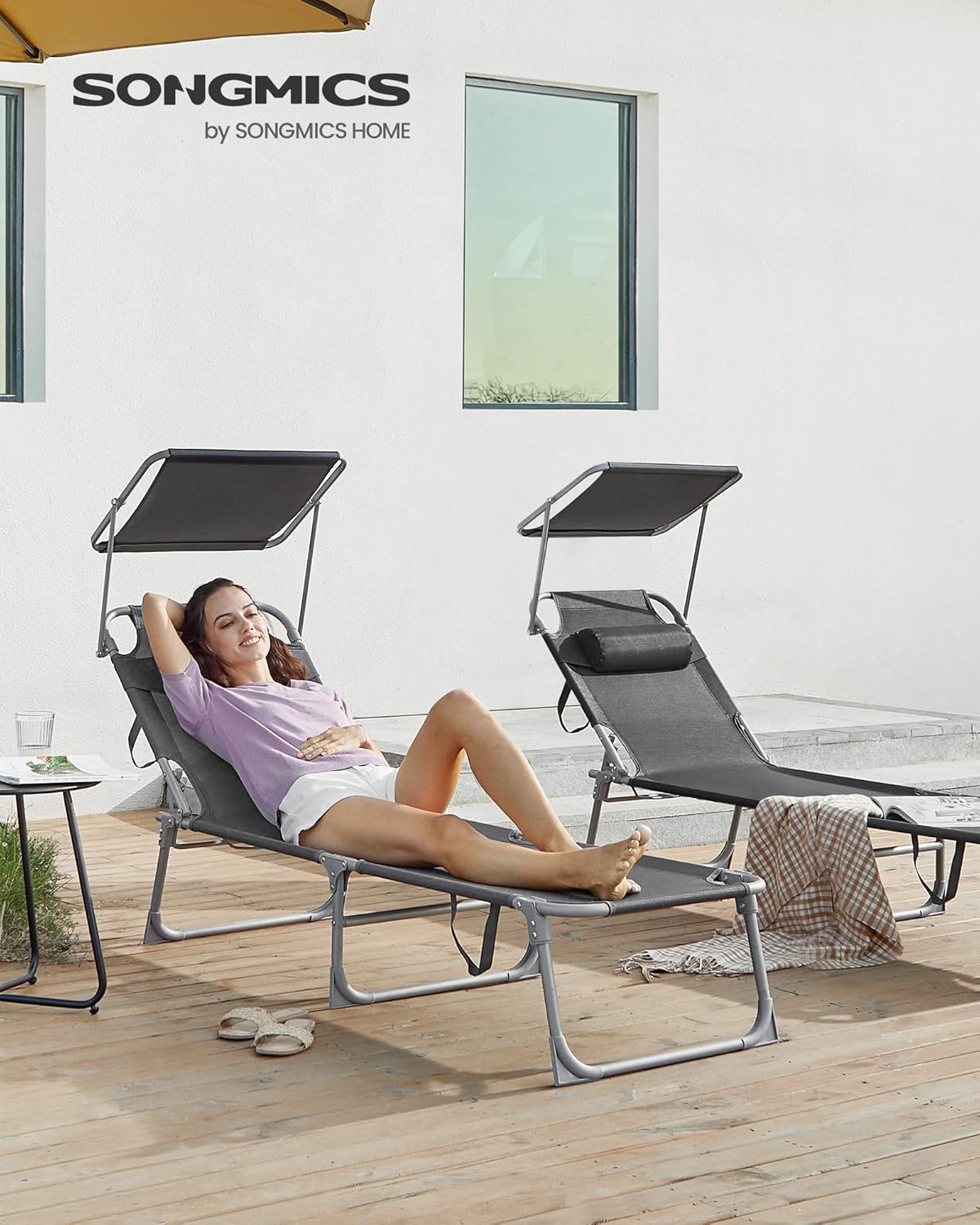 SONGMICS Sun Lounger, Patio Chaise Lounge Chair, Folding, with Canopy, 76 x 20.9 x 11.4 Inches, Holds 330 lb, Headrest, Adjustable Backrest, Outdoor Garden Pool, Dark Gray UGCB19UV1