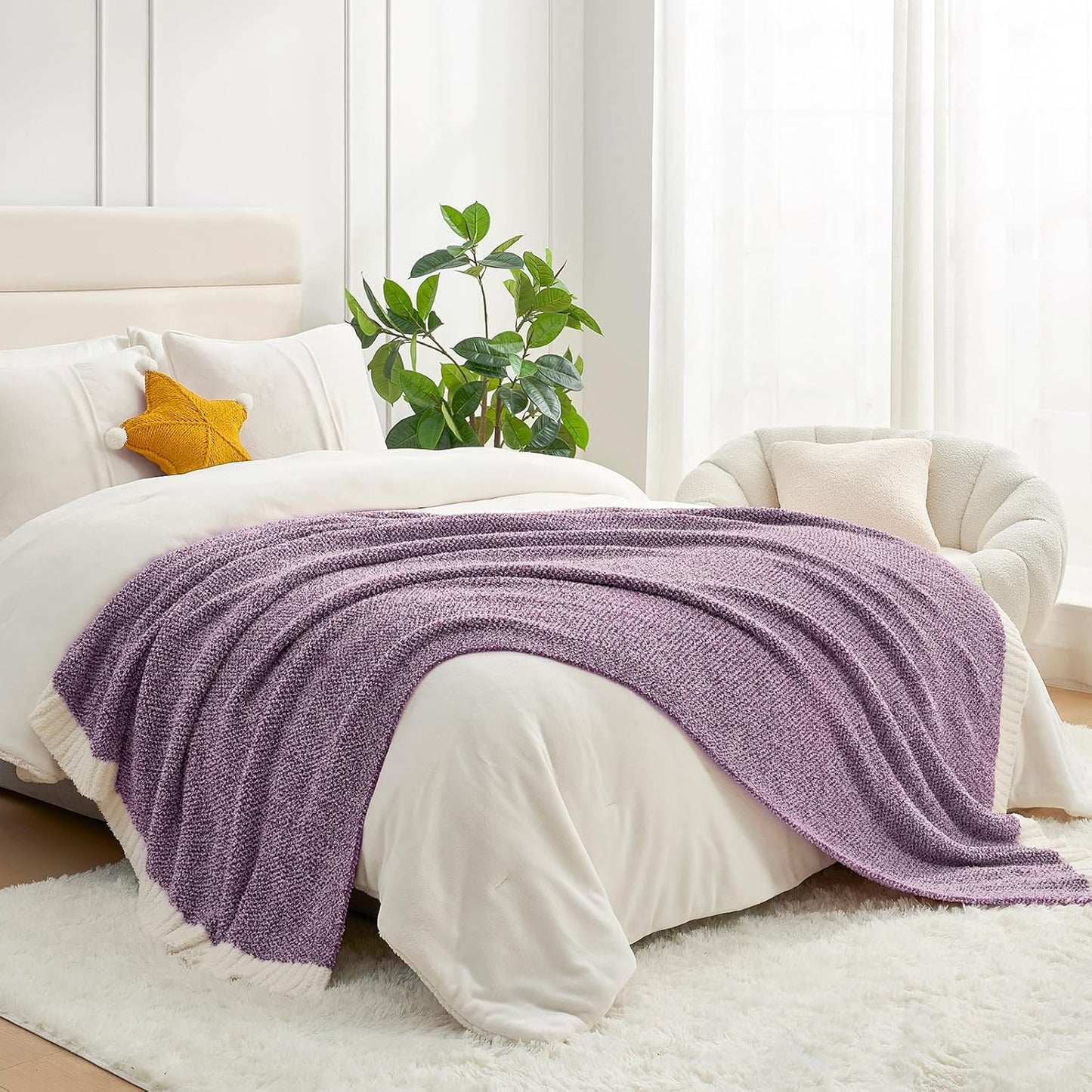Snuggle Sac Buttery Ivory Throw Blanket for Couch, Reversible Super Soft Knitted Blankets, Warm Cozy Knit Fuzzy Plush Lightweight Throws Dupes for Sofa, Bed, Picnic, Ivory, 50 x 60 inches