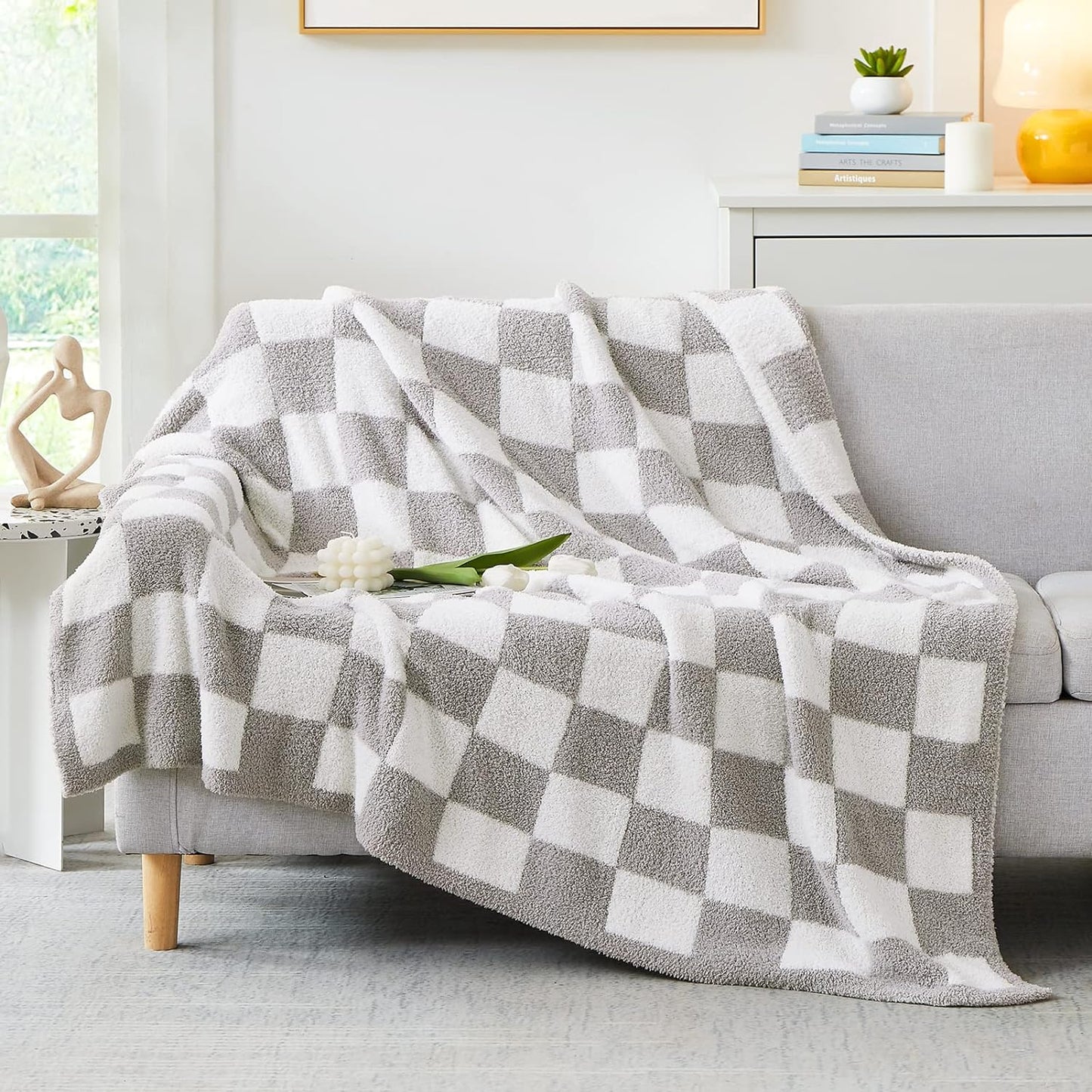 WRENSONGE Checkered Throw Blanket, Sage Green Soft Cozy Fluffy Hand Made Throw Blankets for Couch, Sofa, Chair, Bed, Camping, Picnic, Travel Lightweight Bed Blankets for Women Mothers Birthday Gifts