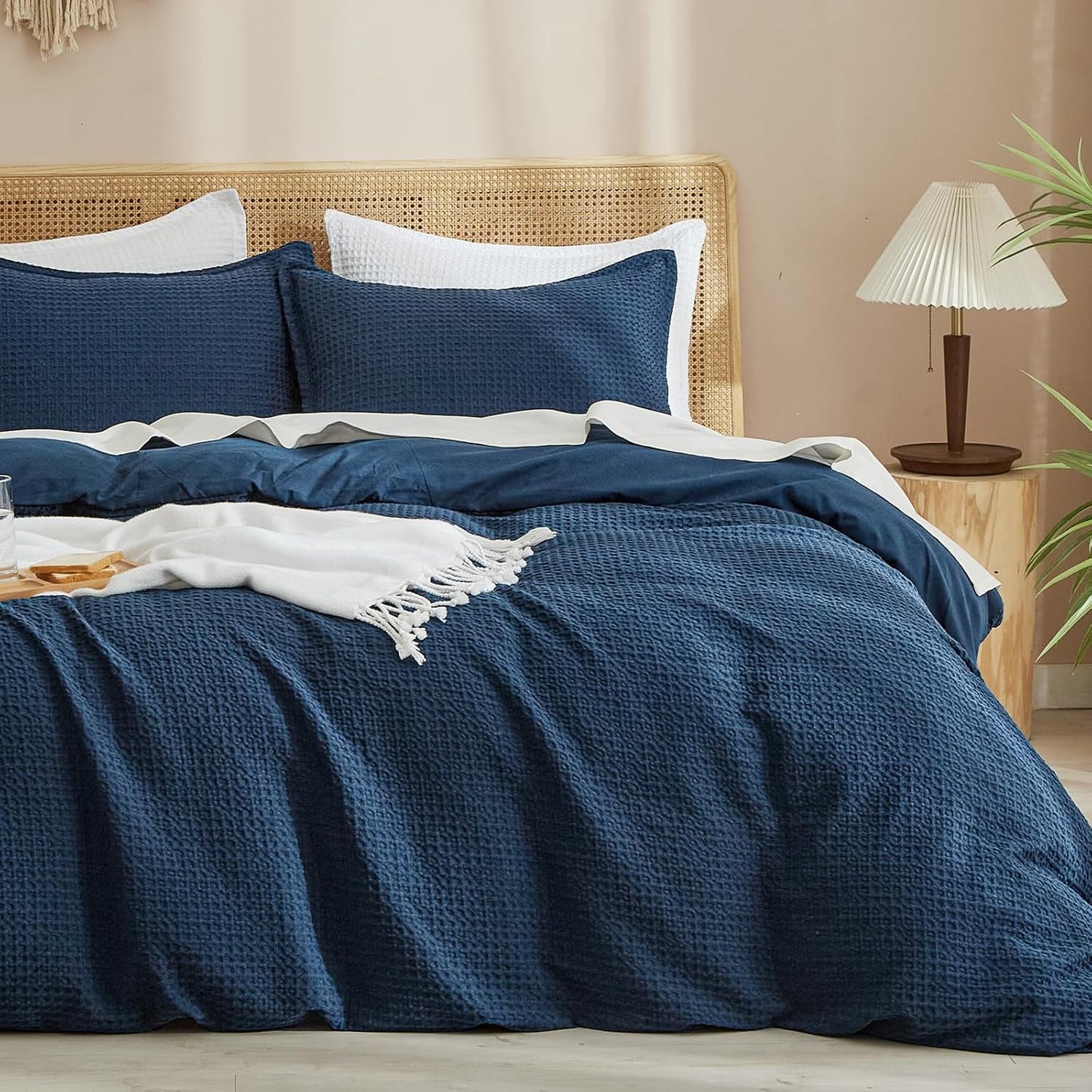 PHF Waffle Weave Duvet Cover Set Queen Size, No Snagging Ultra Soft Luxury Textured Breathable Comforter Cover for All Season 3pcs, Durable Bedding Duvet Set with 2 Pillow Shams, 90"x90", Linen