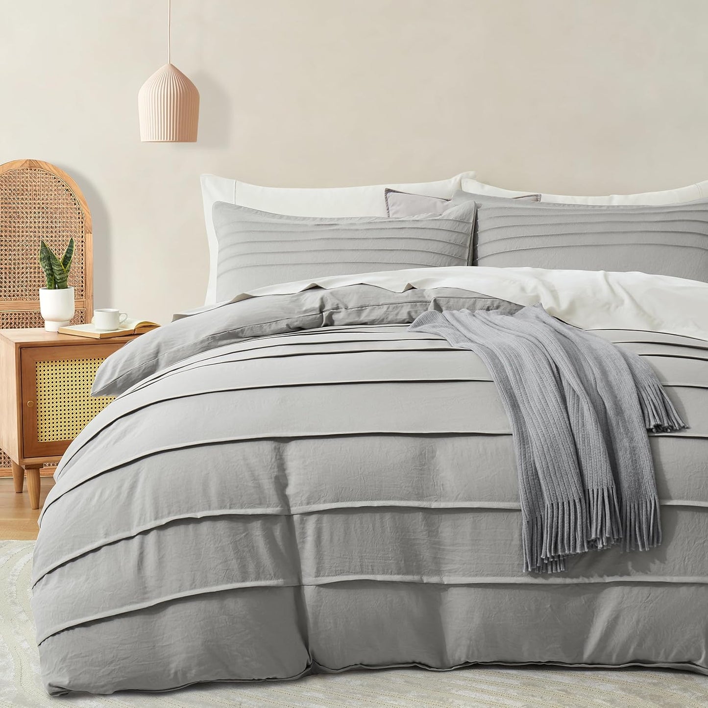 Oli Anderson Beige Duvet Cover King Size - Pleated King Duvet Cover, 3PCS Soft and Breathable Textured Bedding Set with Zipper Closure(Beige,104"x90")