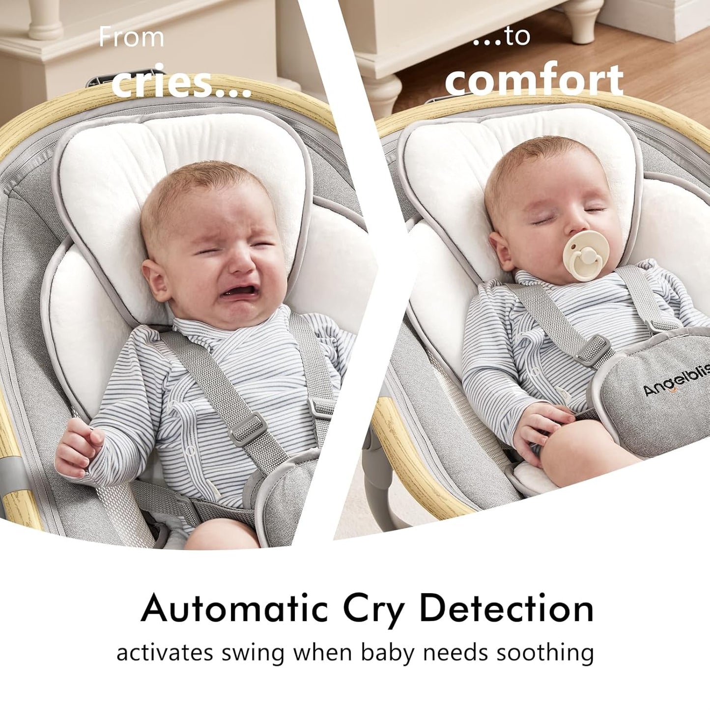 Angelbliss Baby Swing with Cry Detection, Electric Swing - Side-to-Side & 180 Rotation, for Infants & Toddlers (Grey) with 5 Speeds