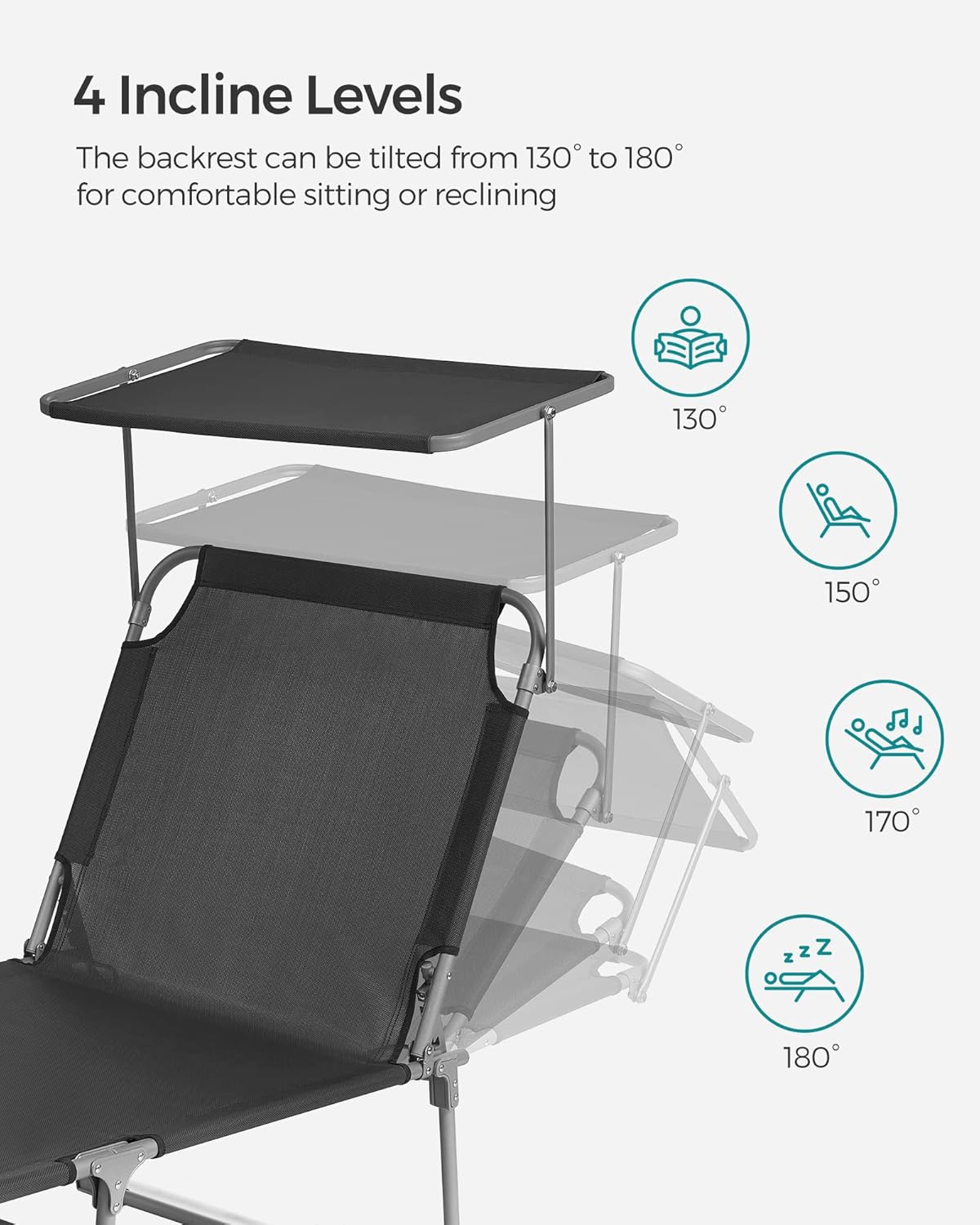 SONGMICS Sun Lounger, Patio Chaise Lounge Chair, Folding, with Canopy, 76 x 20.9 x 11.4 Inches, Holds 330 lb, Headrest, Adjustable Backrest, Outdoor Garden Pool, Dark Gray UGCB19UV1