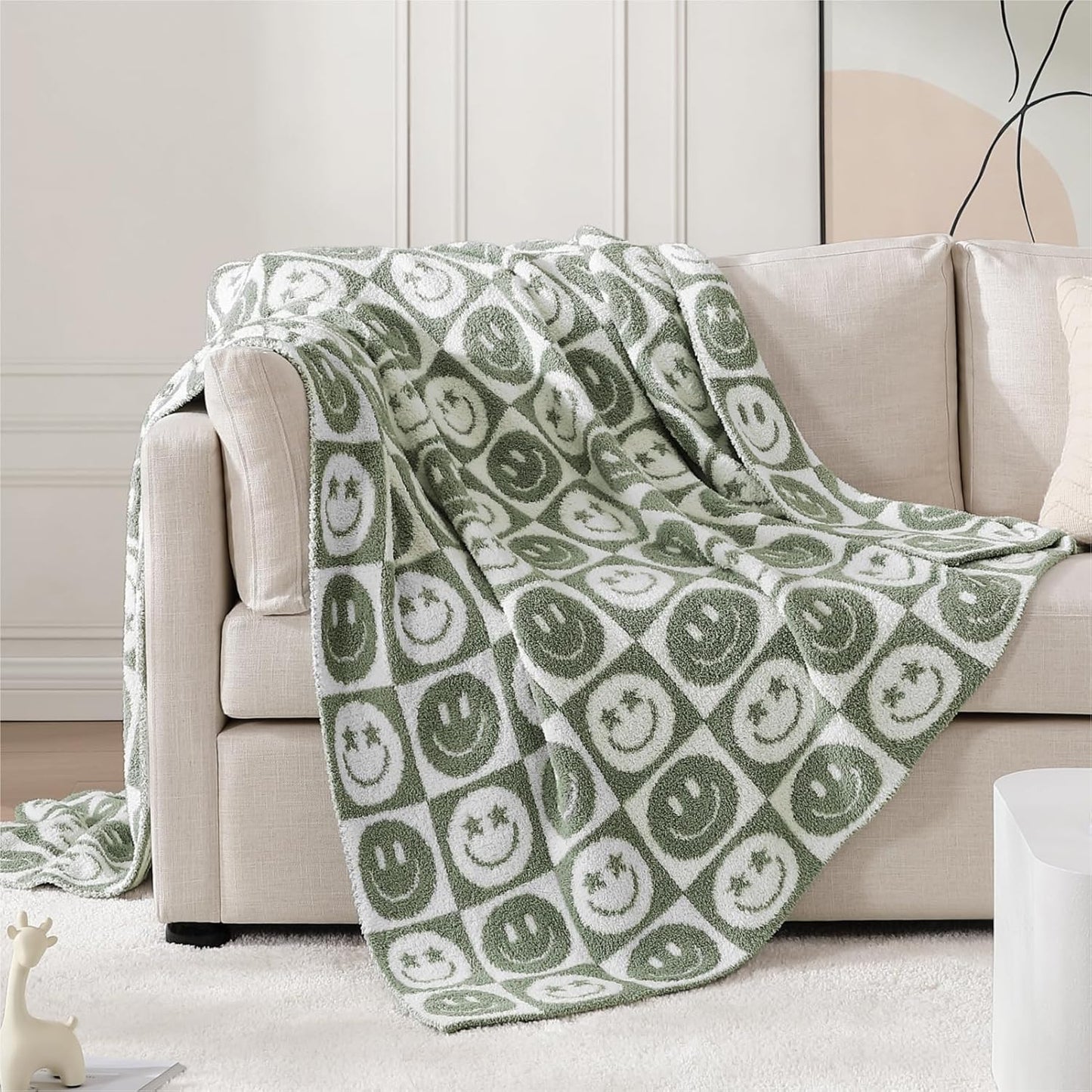WRENSONGE Checkered Throw Blanket, Sage Green Soft Cozy Fluffy Hand Made Throw Blankets for Couch, Sofa, Chair, Bed, Camping, Picnic, Travel Lightweight Bed Blankets for Women Mothers Birthday Gifts