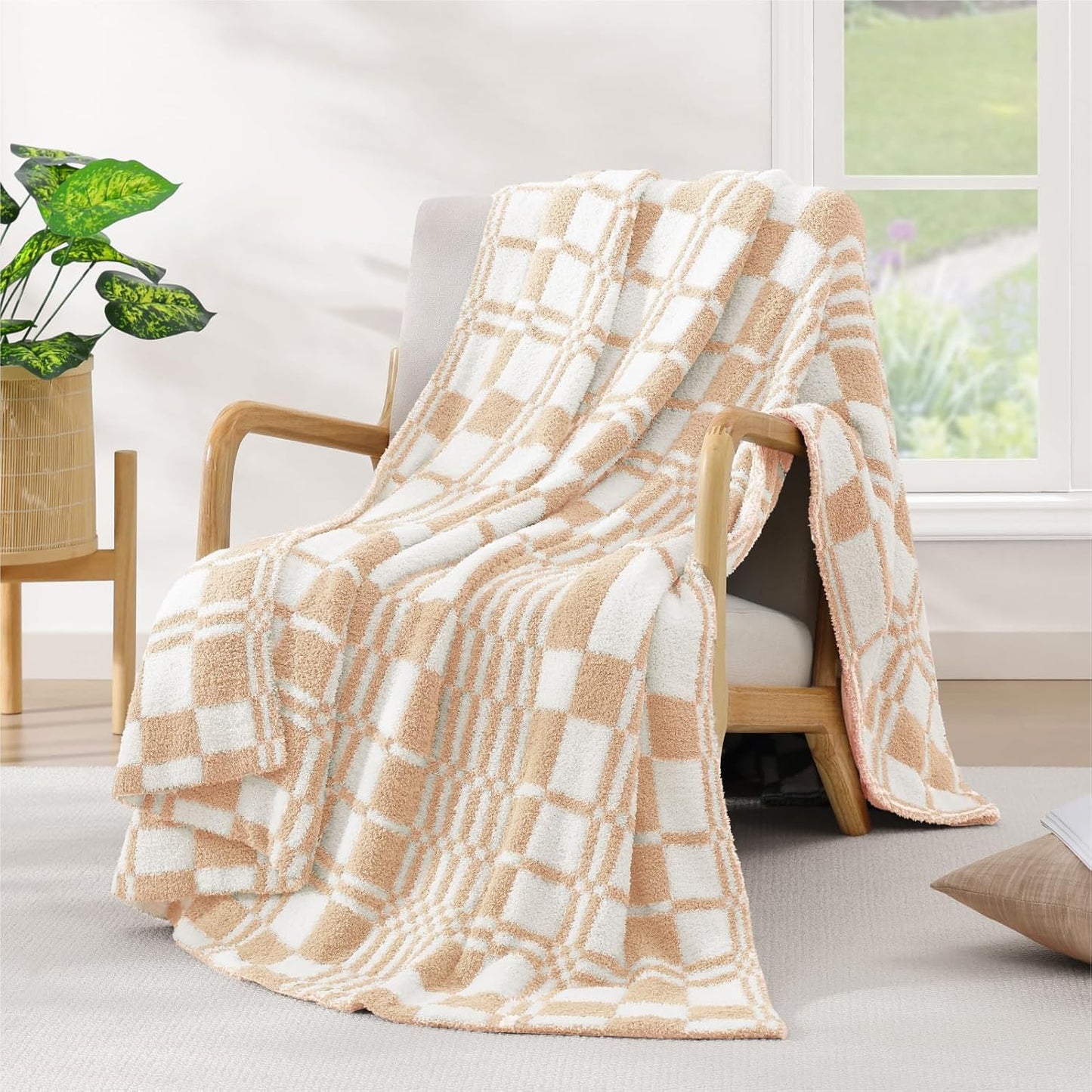 WRENSONGE Checkered Throw Blanket, Sage Green Soft Cozy Fluffy Hand Made Throw Blankets for Couch, Sofa, Chair, Bed, Camping, Picnic, Travel Lightweight Bed Blankets for Women Mothers Birthday Gifts