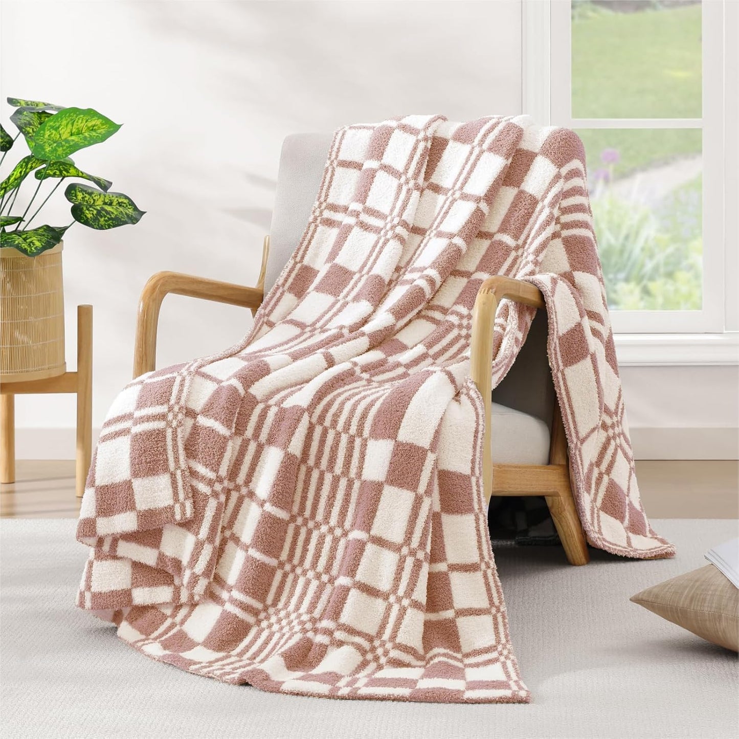 WRENSONGE Checkered Throw Blanket, Sage Green Soft Cozy Fluffy Hand Made Throw Blankets for Couch, Sofa, Chair, Bed, Camping, Picnic, Travel Lightweight Bed Blankets for Women Mothers Birthday Gifts