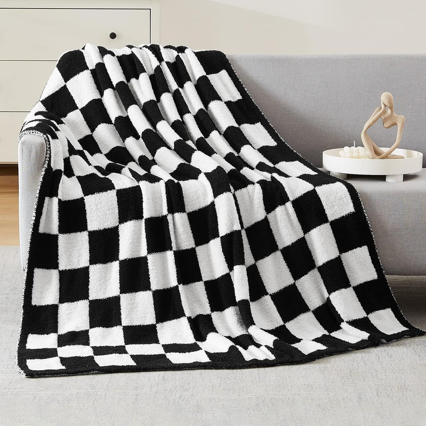 WRENSONGE Checkered Throw Blanket, Sage Green Soft Cozy Fluffy Hand Made Throw Blankets for Couch, Sofa, Chair, Bed, Camping, Picnic, Travel Lightweight Bed Blankets for Women Mothers Birthday Gifts