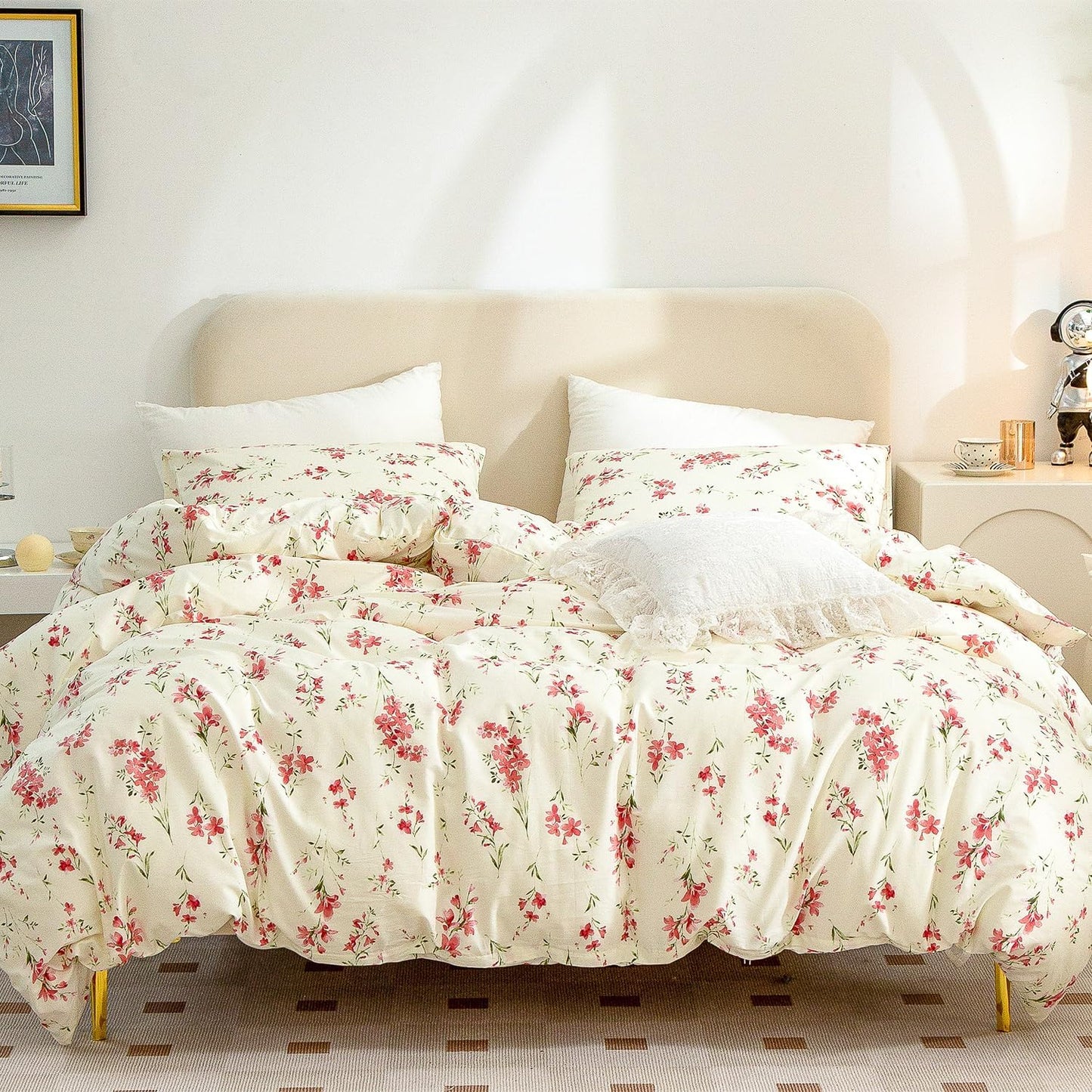 Jane yre Duvet Cover Queen Floral, Brushed Microfiber 3 Pieces Bedding Set, Garden Style Vintage Floral Queen Duvet Cover Flower, with Zipper Closure, Luxury Soft Breathable Comfy