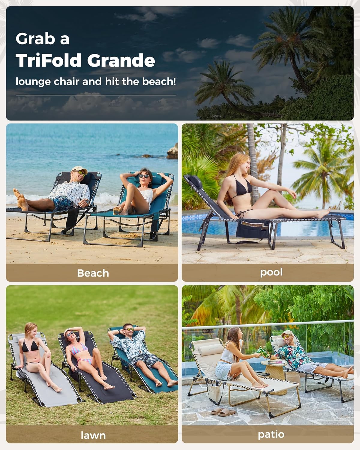 KingCamp Oversized Tanning Chair, Extra-Wide Padded Folding Chase Lounge Chairs Portable Adjustable 5-Position 400lbs Heavy Duty Lounger with Double-Layer Oxford for Outdoor Beach Patio Sun Pool