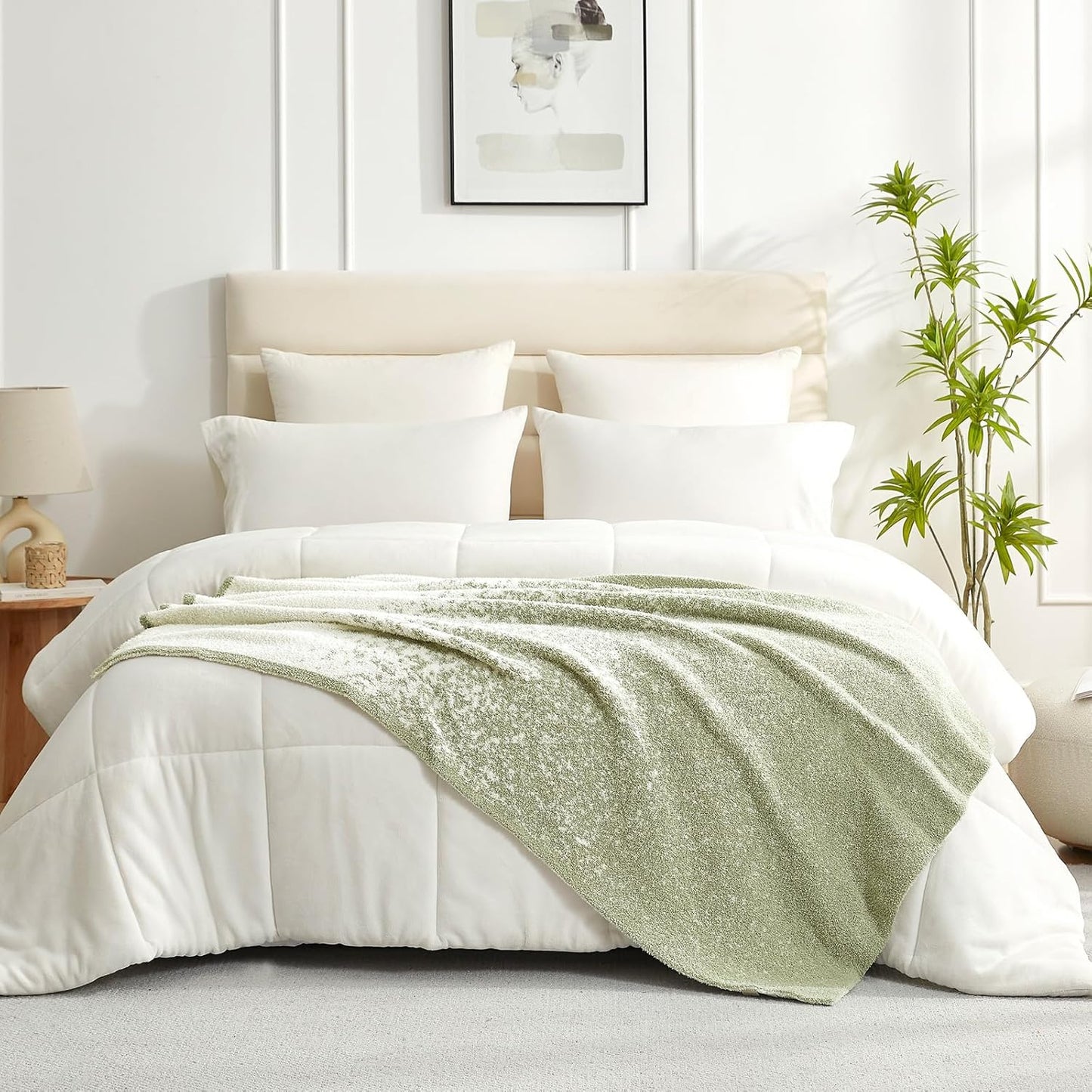Snuggle Sac Buttery Ivory Throw Blanket for Couch, Reversible Super Soft Knitted Blankets, Warm Cozy Knit Fuzzy Plush Lightweight Throws Dupes for Sofa, Bed, Picnic, Ivory, 50 x 60 inches