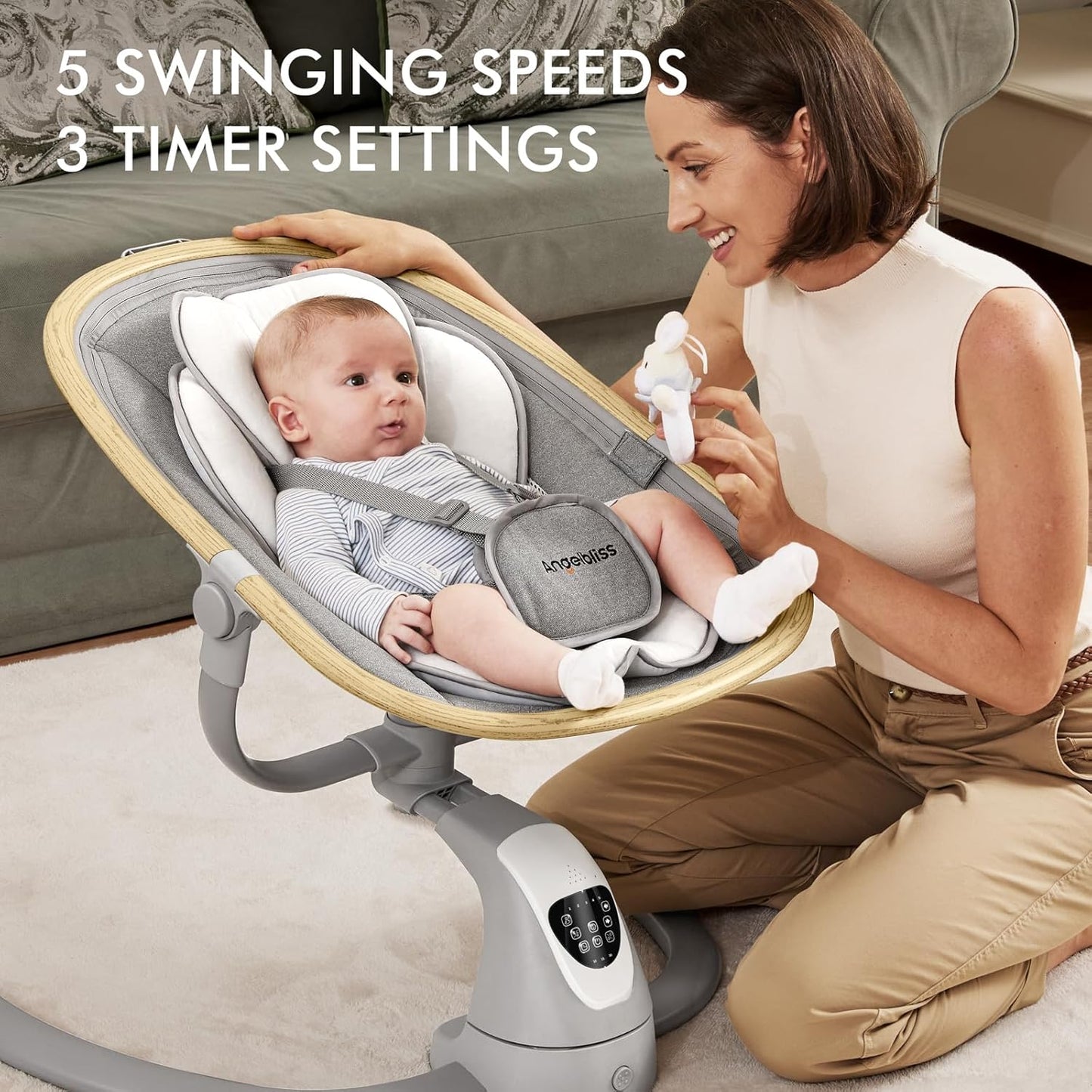 Angelbliss Baby Swing with Cry Detection, Electric Swing - Side-to-Side & 180 Rotation, for Infants & Toddlers (Grey) with 5 Speeds