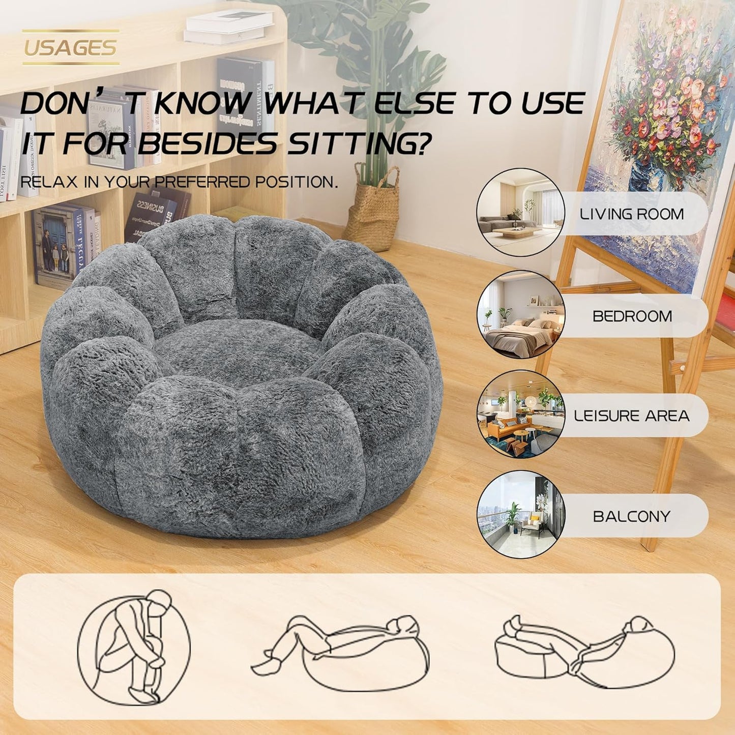 Bean Bag Chair with Filler, Faux Fur Comfy Chair with Petal Armrest Fluffy Lounge Chair for Bedroom, Living Room, Dorm, Game - Grey, Large, Low Support
