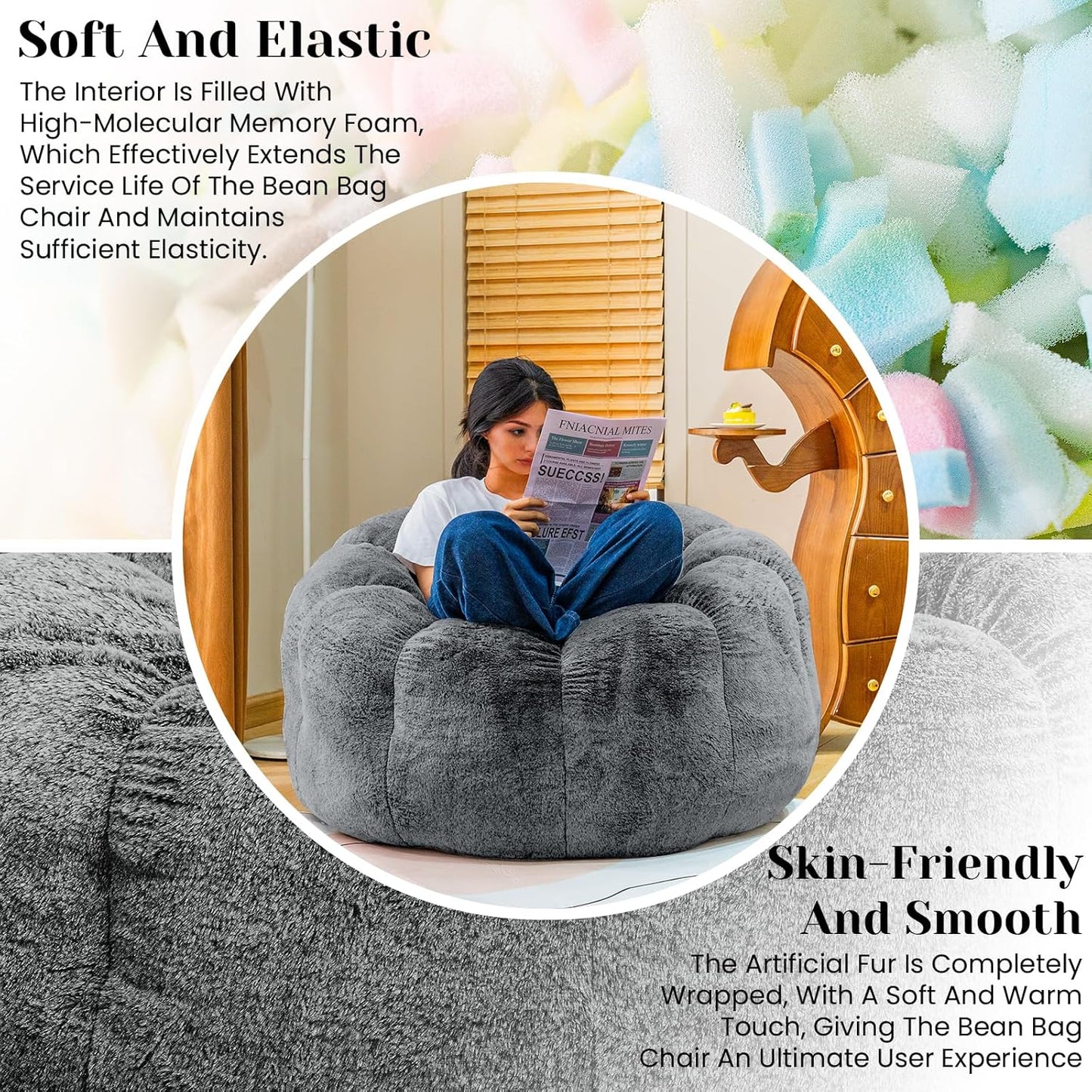 Bean Bag Chair with Filler, Faux Fur Comfy Chair with Petal Armrest Fluffy Lounge Chair for Bedroom, Living Room, Dorm, Game - Grey, Large, Low Support