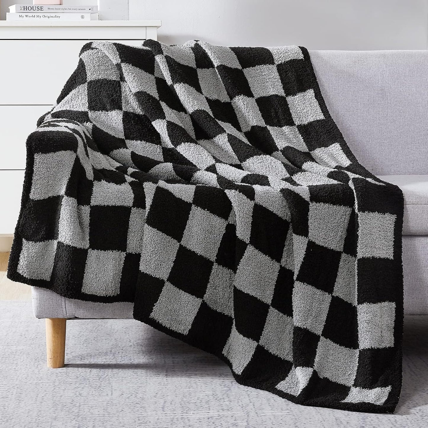 WRENSONGE Checkered Throw Blanket, Sage Green Soft Cozy Fluffy Hand Made Throw Blankets for Couch, Sofa, Chair, Bed, Camping, Picnic, Travel Lightweight Bed Blankets for Women Mothers Birthday Gifts