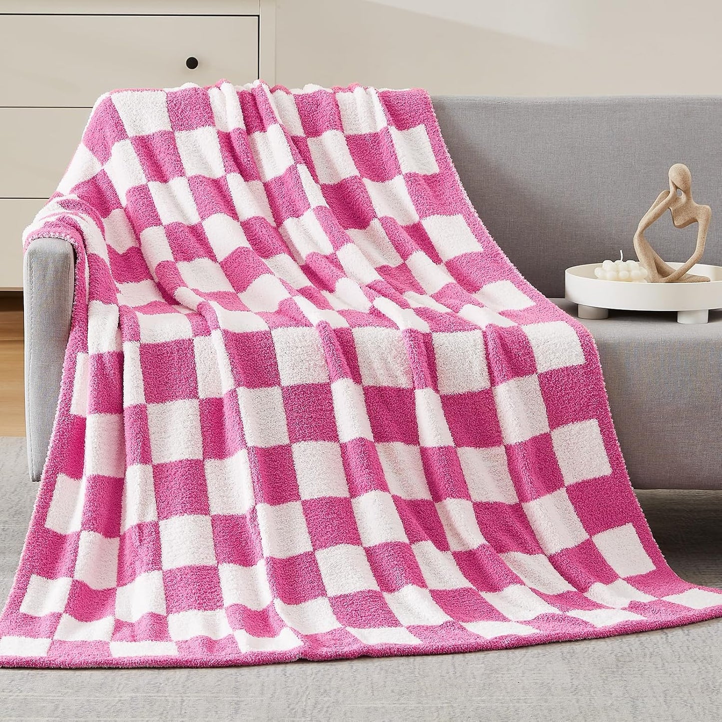 WRENSONGE Checkered Throw Blanket, Sage Green Soft Cozy Fluffy Hand Made Throw Blankets for Couch, Sofa, Chair, Bed, Camping, Picnic, Travel Lightweight Bed Blankets for Women Mothers Birthday Gifts