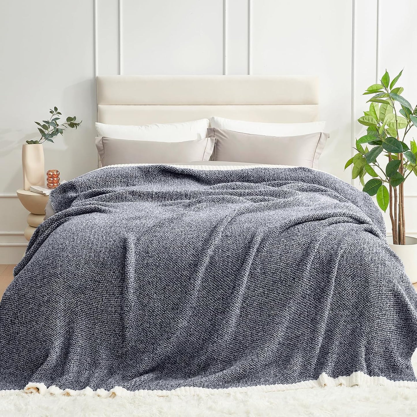 Snuggle Sac Buttery Ivory Throw Blanket for Couch, Reversible Super Soft Knitted Blankets, Warm Cozy Knit Fuzzy Plush Lightweight Throws Dupes for Sofa, Bed, Picnic, Ivory, 50 x 60 inches