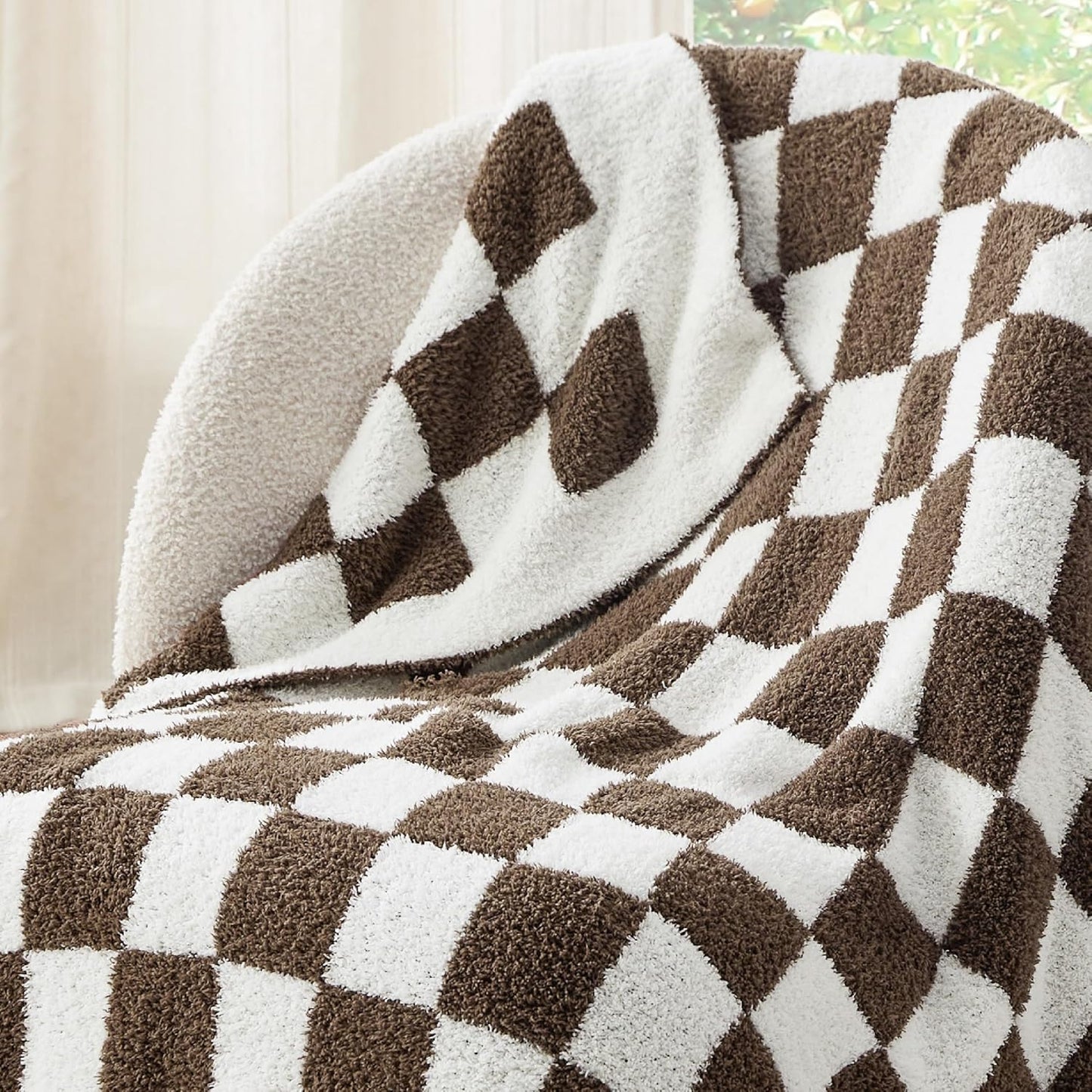 Bedsure Checkered Throw Blanket for Couch - Super Soft, Cozy & Warm Knit Blanket, Breathable, Lightweight & Fluffy for Bed & Sofa, Checkered Beige, 50x60 Inches