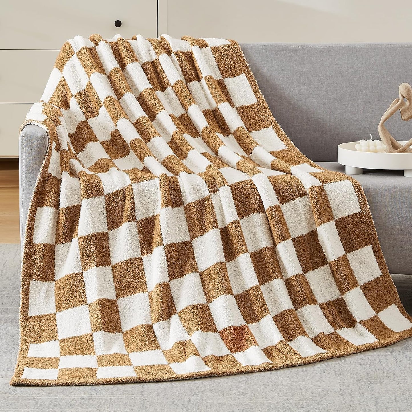 WRENSONGE Checkered Throw Blanket, Sage Green Soft Cozy Fluffy Hand Made Throw Blankets for Couch, Sofa, Chair, Bed, Camping, Picnic, Travel Lightweight Bed Blankets for Women Mothers Birthday Gifts