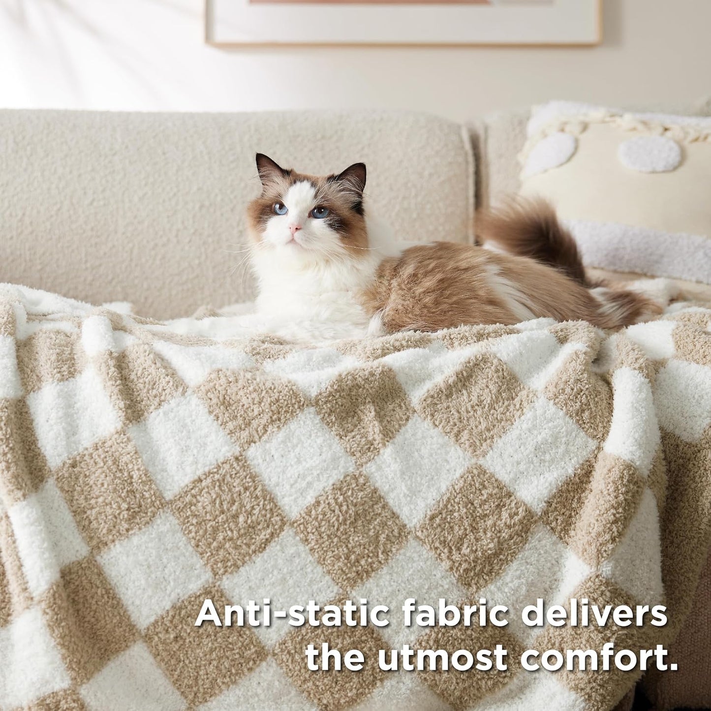Bedsure Checkered Throw Blanket for Couch - Super Soft, Cozy & Warm Knit Blanket, Breathable, Lightweight & Fluffy for Bed & Sofa, Checkered Beige, 50x60 Inches