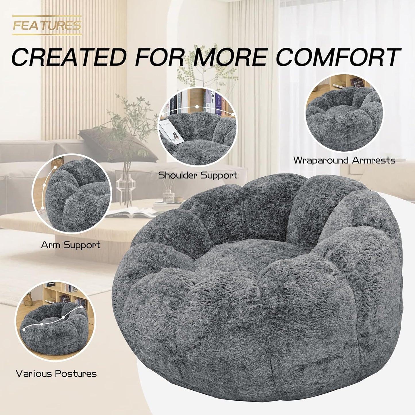 Bean Bag Chair with Filler, Faux Fur Comfy Chair with Petal Armrest Fluffy Lounge Chair for Bedroom, Living Room, Dorm, Game - Grey, Large, Low Support