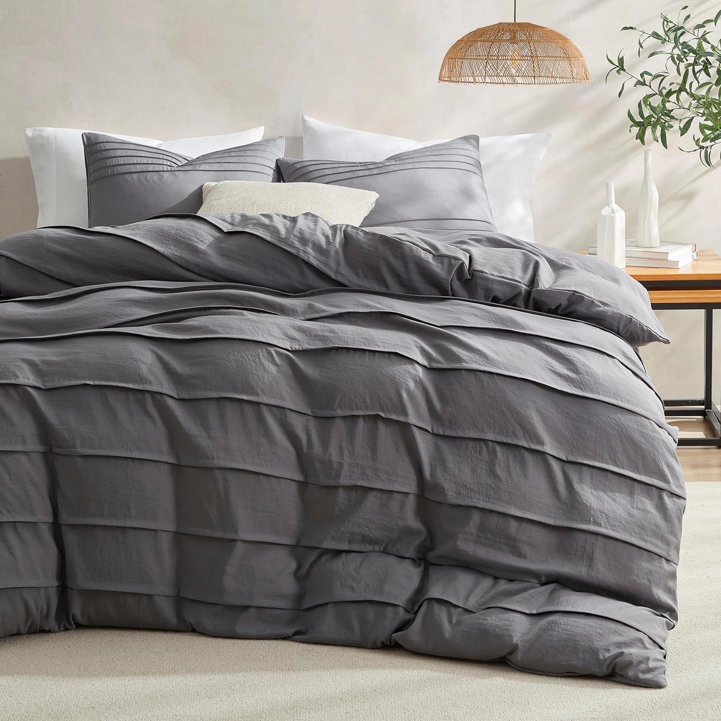 Oli Anderson Beige Duvet Cover King Size - Pleated King Duvet Cover, 3PCS Soft and Breathable Textured Bedding Set with Zipper Closure(Beige,104"x90")