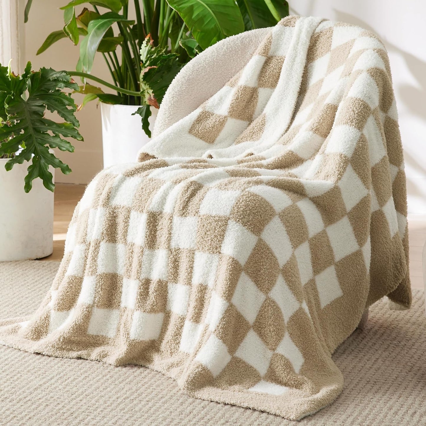 Bedsure Checkered Throw Blanket for Couch - Super Soft, Cozy & Warm Knit Blanket, Breathable, Lightweight & Fluffy for Bed & Sofa, Checkered Beige, 50x60 Inches