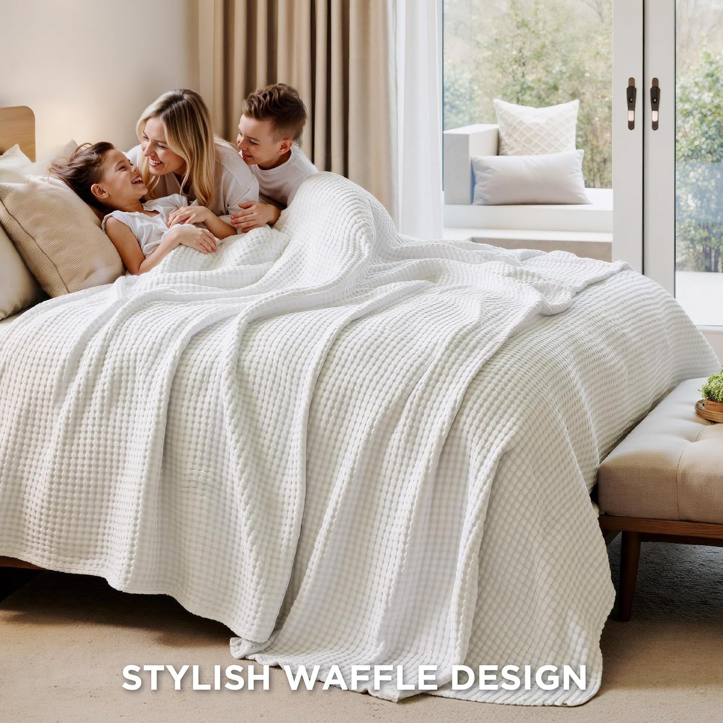 Bedsure Cooling Cotton Waffle Queen Size Blanket - Lightweight Breathable Summer Blanket of Rayon Derived from Bamboo for Hot Sleepers, Luxury Throws for Bed, Couch and Sofa, Ivory, 90x90 Inches