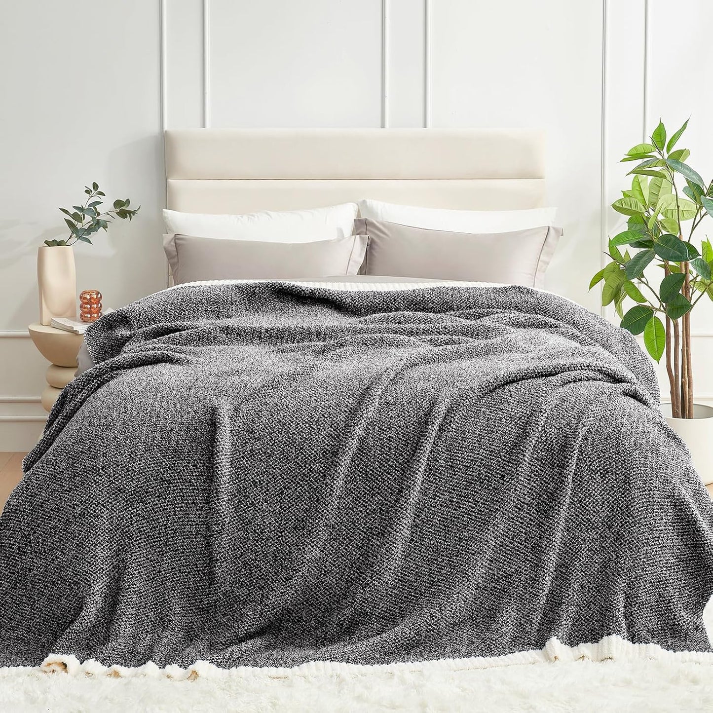 Snuggle Sac Buttery Ivory Throw Blanket for Couch, Reversible Super Soft Knitted Blankets, Warm Cozy Knit Fuzzy Plush Lightweight Throws Dupes for Sofa, Bed, Picnic, Ivory, 50 x 60 inches