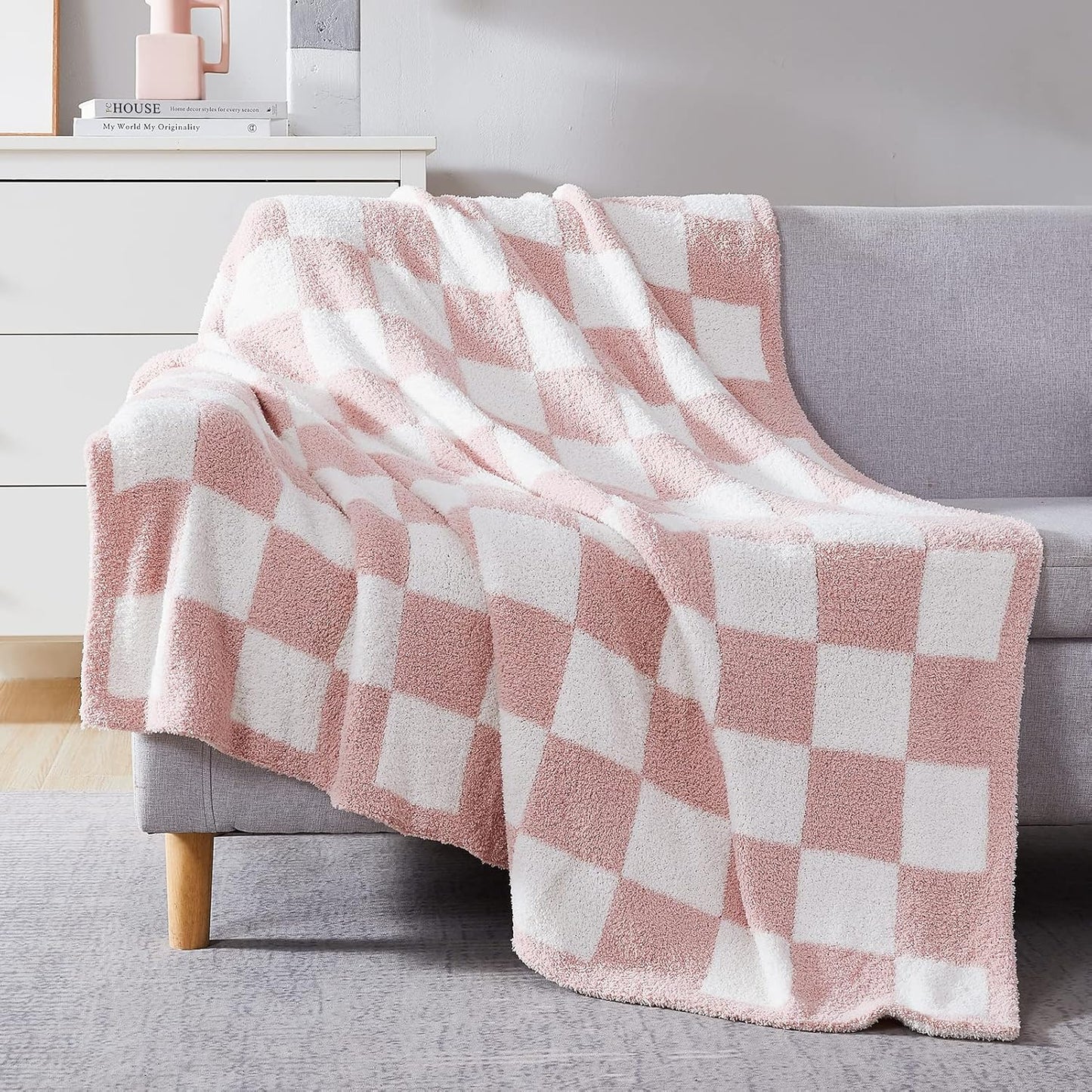 WRENSONGE Checkered Throw Blanket, Sage Green Soft Cozy Fluffy Hand Made Throw Blankets for Couch, Sofa, Chair, Bed, Camping, Picnic, Travel Lightweight Bed Blankets for Women Mothers Birthday Gifts