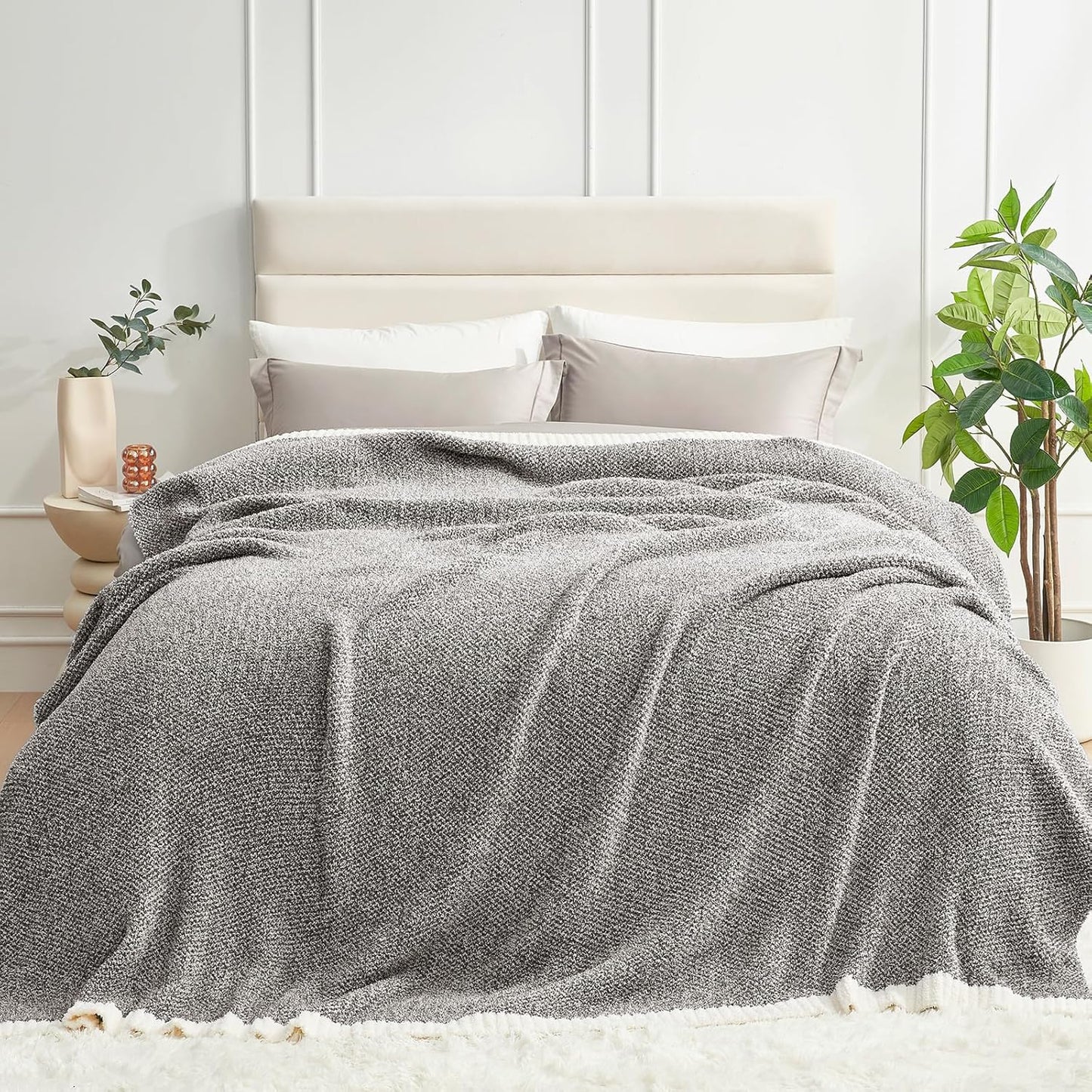 Snuggle Sac Buttery Ivory Throw Blanket for Couch, Reversible Super Soft Knitted Blankets, Warm Cozy Knit Fuzzy Plush Lightweight Throws Dupes for Sofa, Bed, Picnic, Ivory, 50 x 60 inches