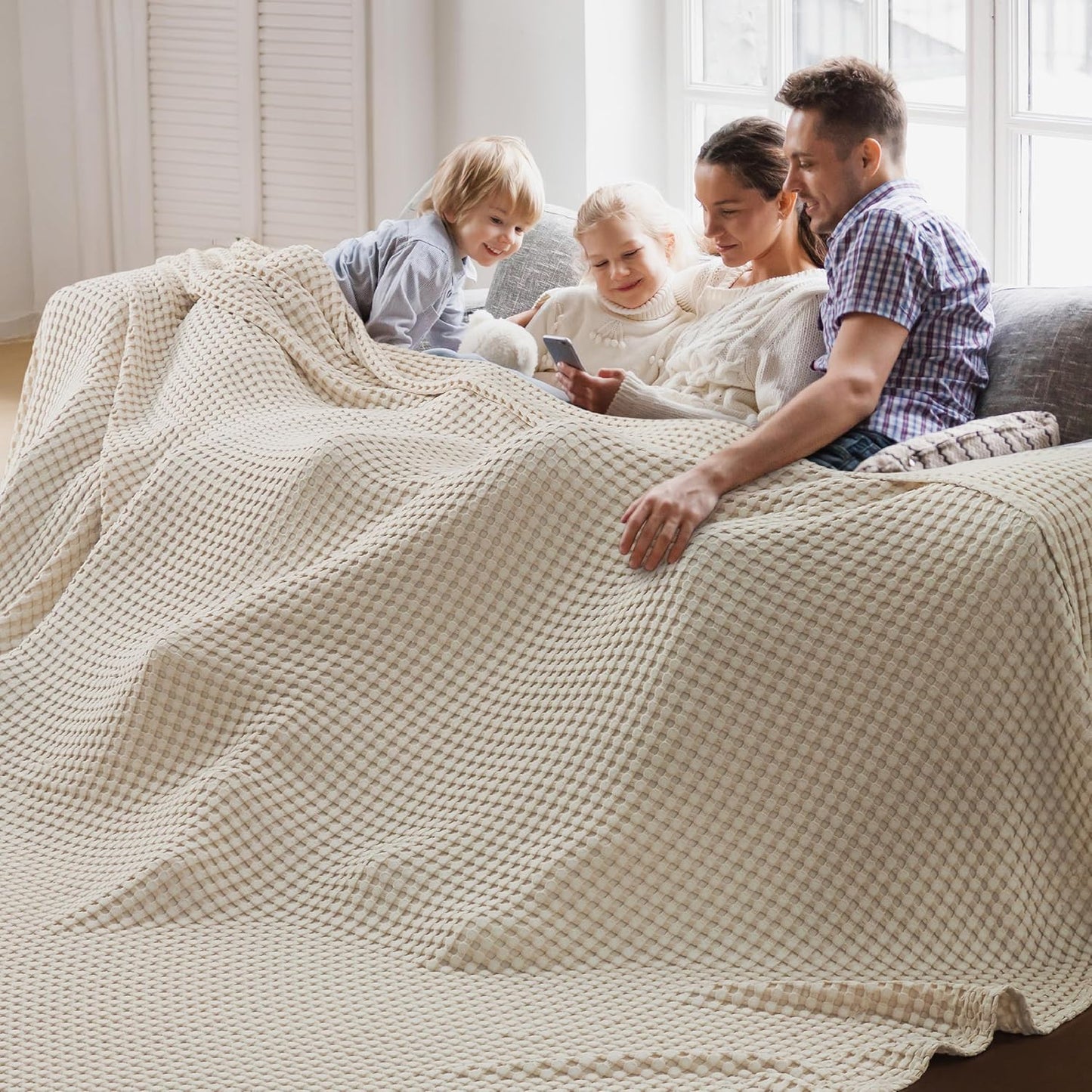 Bedsure Cooling Cotton Waffle Queen Size Blanket - Lightweight Breathable Summer Blanket of Rayon Derived from Bamboo for Hot Sleepers, Luxury Throws for Bed, Couch and Sofa, Ivory, 90x90 Inches