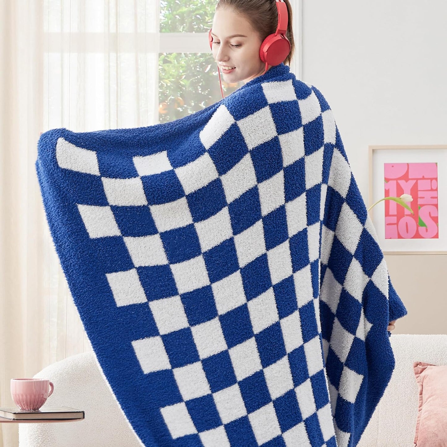 Bedsure Checkered Throw Blanket for Couch - Super Soft, Cozy & Warm Knit Blanket, Breathable, Lightweight & Fluffy for Bed & Sofa, Checkered Beige, 50x60 Inches