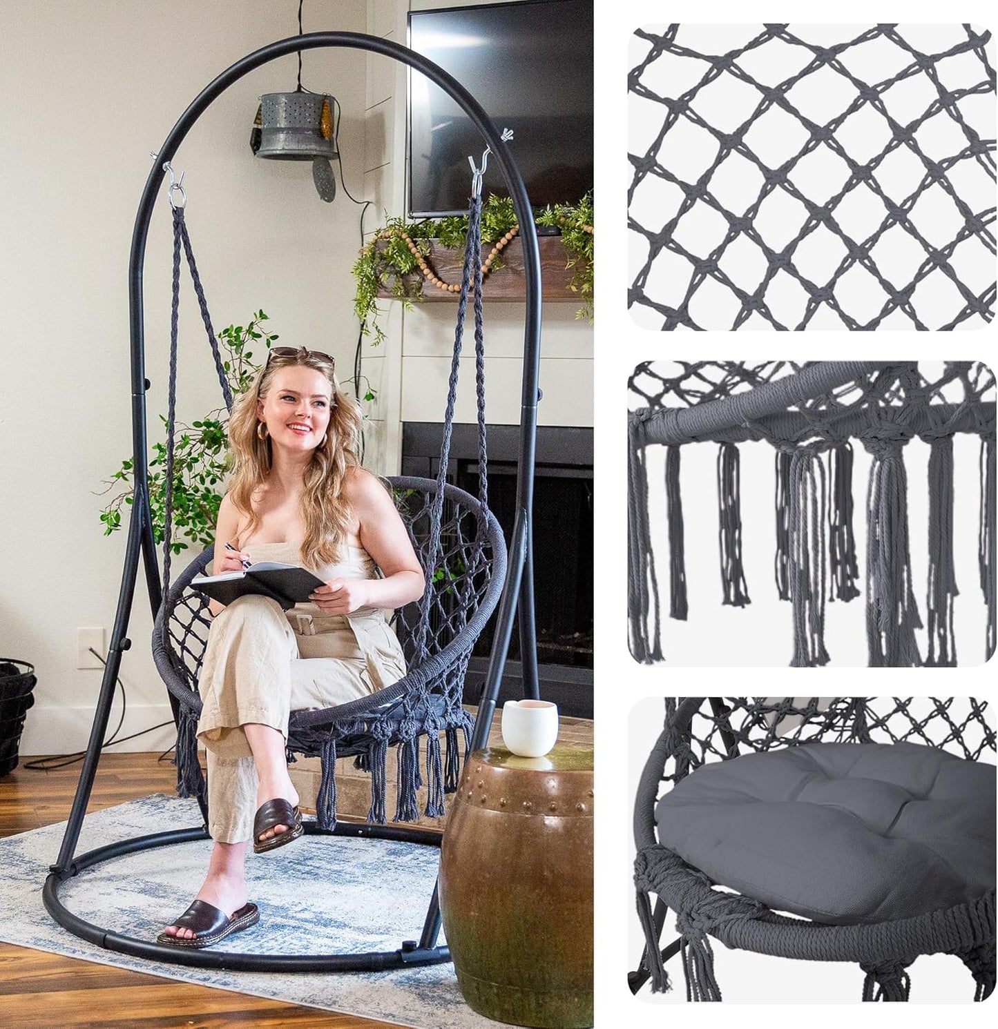 SUNCREAT Indoor Hammock Swing Chair with Stand, Hanging Chair Outdoor with Stand, 330 lbs Capacity, Patent Pending, Grey