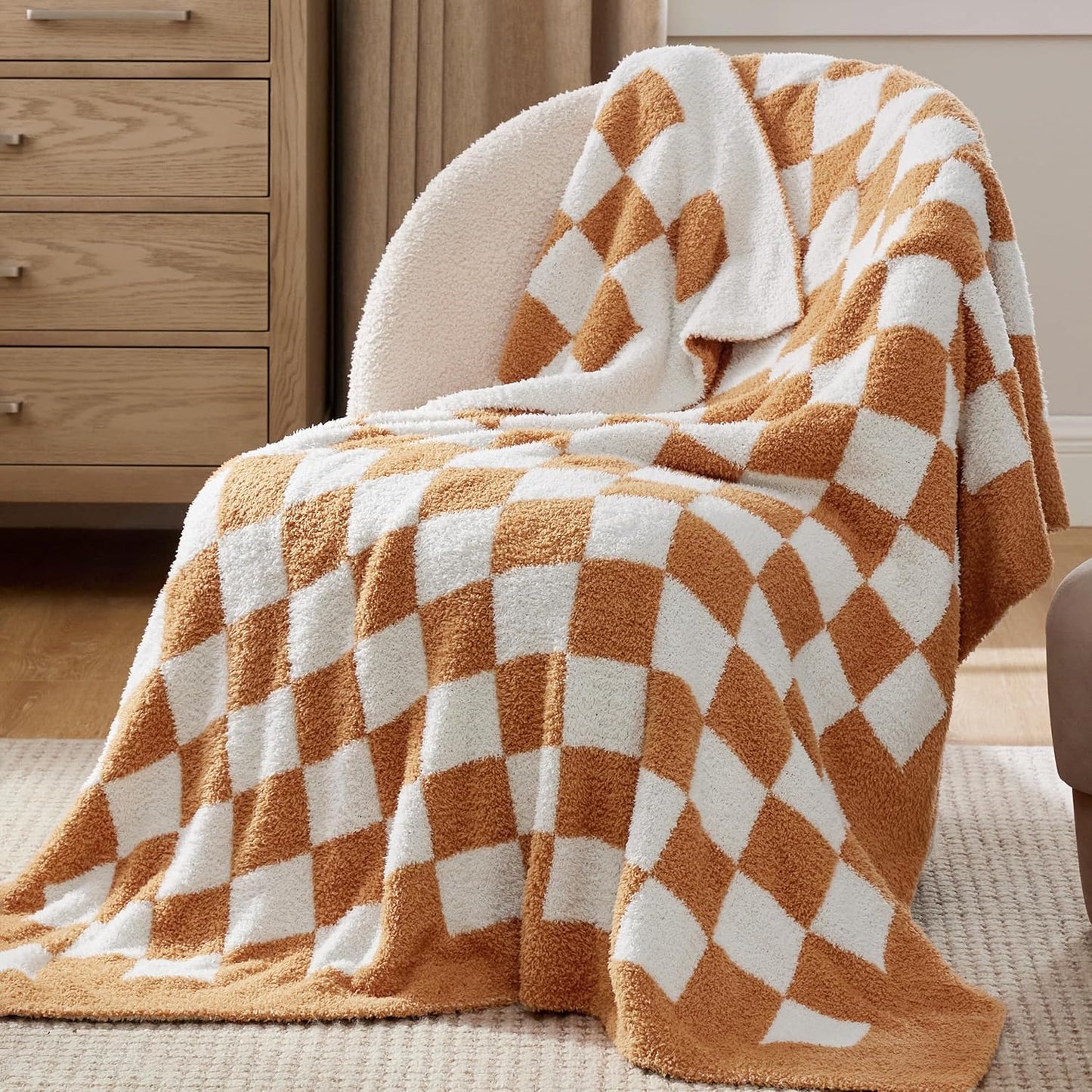 Bedsure Checkered Throw Blanket for Couch - Super Soft, Cozy & Warm Knit Blanket, Breathable, Lightweight & Fluffy for Bed & Sofa, Checkered Beige, 50x60 Inches