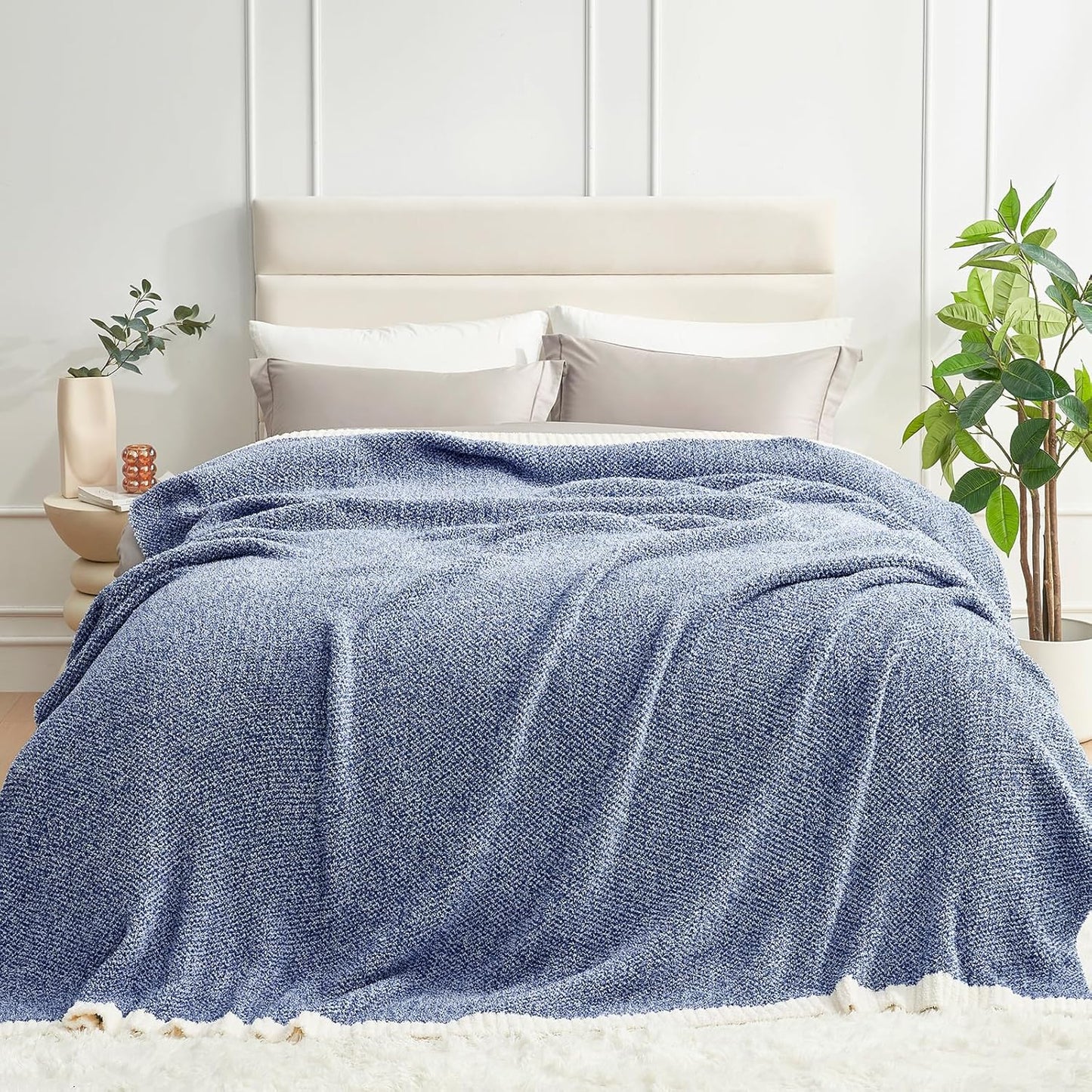 Snuggle Sac Buttery Ivory Throw Blanket for Couch, Reversible Super Soft Knitted Blankets, Warm Cozy Knit Fuzzy Plush Lightweight Throws Dupes for Sofa, Bed, Picnic, Ivory, 50 x 60 inches