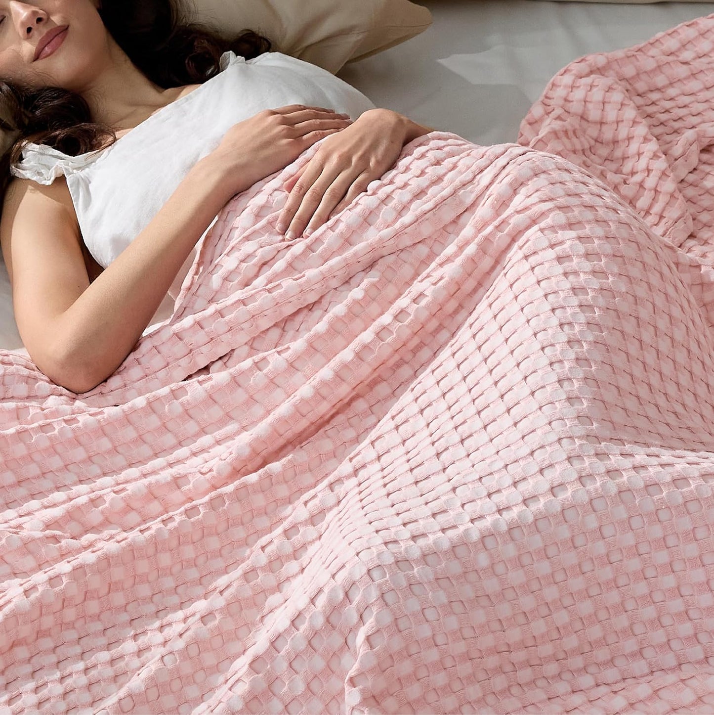 Bedsure Cooling Cotton Waffle Queen Size Blanket - Lightweight Breathable Summer Blanket of Rayon Derived from Bamboo for Hot Sleepers, Luxury Throws for Bed, Couch and Sofa, Ivory, 90x90 Inches