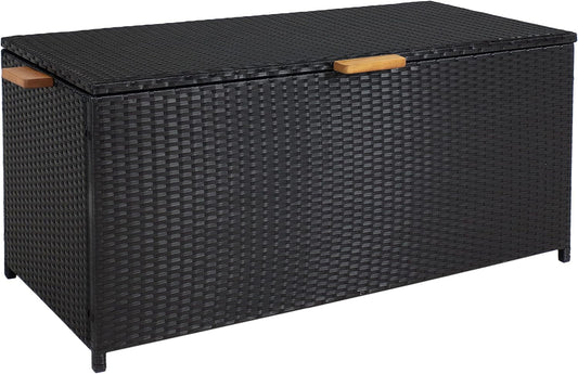 Sunnydaze Faux Wicker Storage Box - Outdoor Deck Box with Handles - 75-Gallon Front Door Package Delivery Box with Hinged Lid - Black