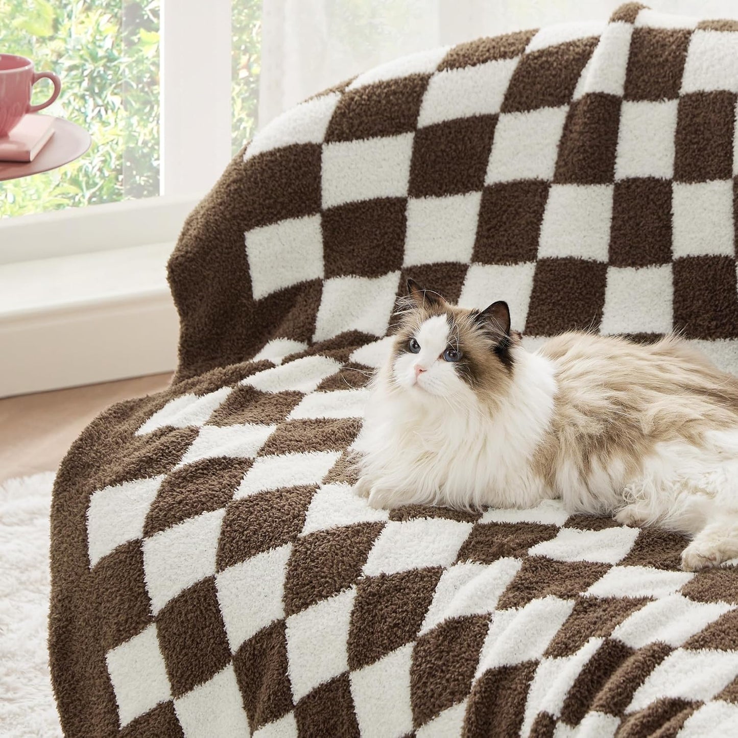 Bedsure Checkered Throw Blanket for Couch - Super Soft, Cozy & Warm Knit Blanket, Breathable, Lightweight & Fluffy for Bed & Sofa, Checkered Beige, 50x60 Inches