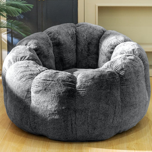Bean Bag Chair with Filler, Faux Fur Comfy Chair with Petal Armrest Fluffy Lounge Chair for Bedroom, Living Room, Dorm, Game - Grey, Large, Low Support