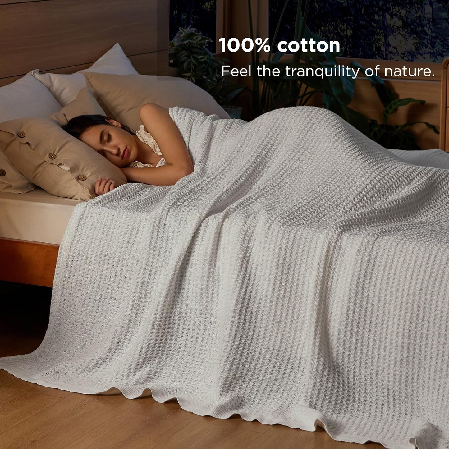 Bedsure 100% Cotton Blanket Queen Size for Bed - Breathable and Soft, Waffle Weave Blanket for Summer Spring, White, 90x90 Inches