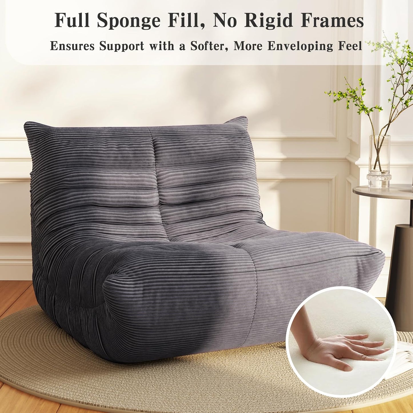 Bean Bag Chair, Lazy Floor Sofa Couch for Adults and Kids, Fireside Chair with Ergonomic Design, Memory Foam Lounge Chair for Living Room Bedroom, Office, Grey