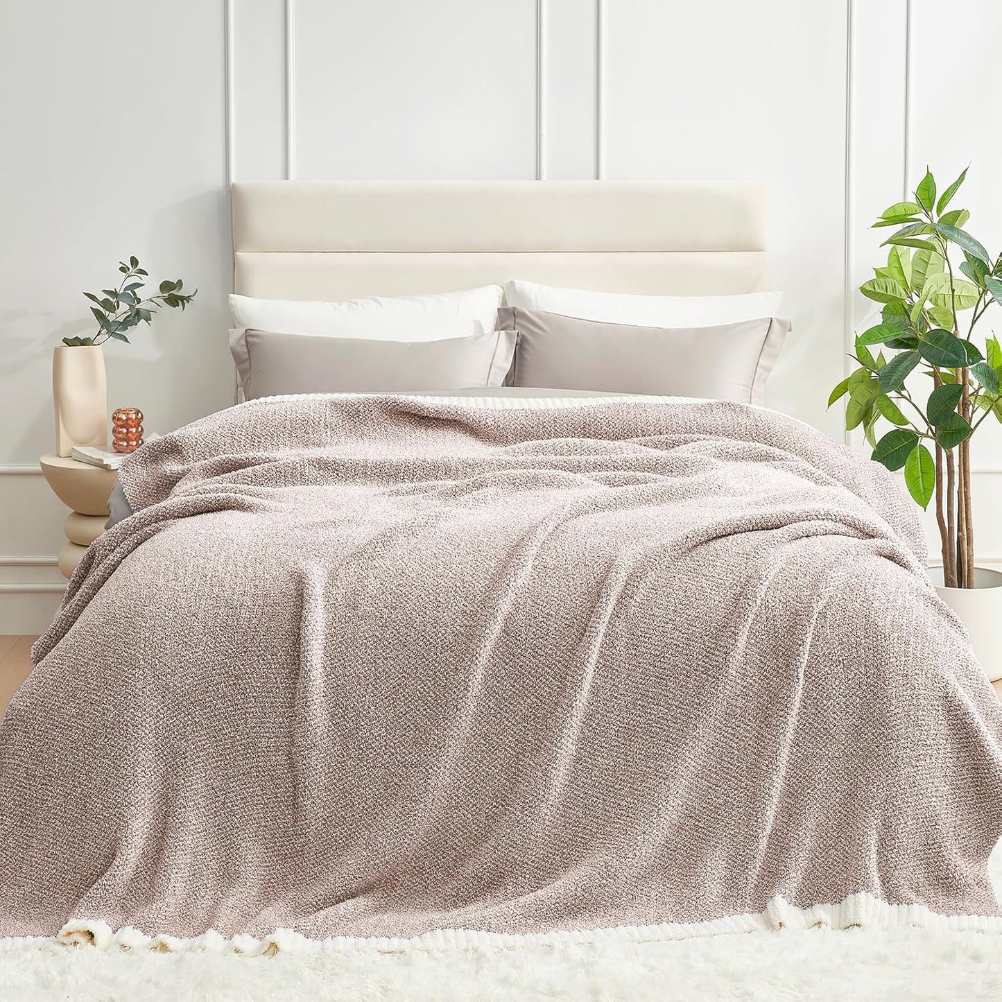 Snuggle Sac Buttery Ivory Throw Blanket for Couch, Reversible Super Soft Knitted Blankets, Warm Cozy Knit Fuzzy Plush Lightweight Throws Dupes for Sofa, Bed, Picnic, Ivory, 50 x 60 inches